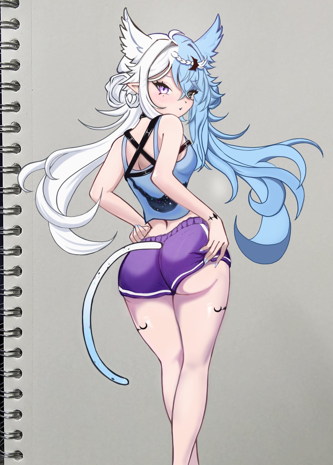 2025 animal_ears animal_tail aquwa back_view bangs big_ass black_eyes blue_hair clothed clothing female gym_shorts hand_on_butt hand_on_hip harness heterochromia indie_virtual_youtuber kemonomimi long_hair looking_at_viewer looking_back looking_back_at_viewer lunarkyotaro mole_under_eye no_sex pointy_ears pose purple_eyes rear_view solo standing tank_top tattoo two-tone_hair virtual_youtuber white_hair