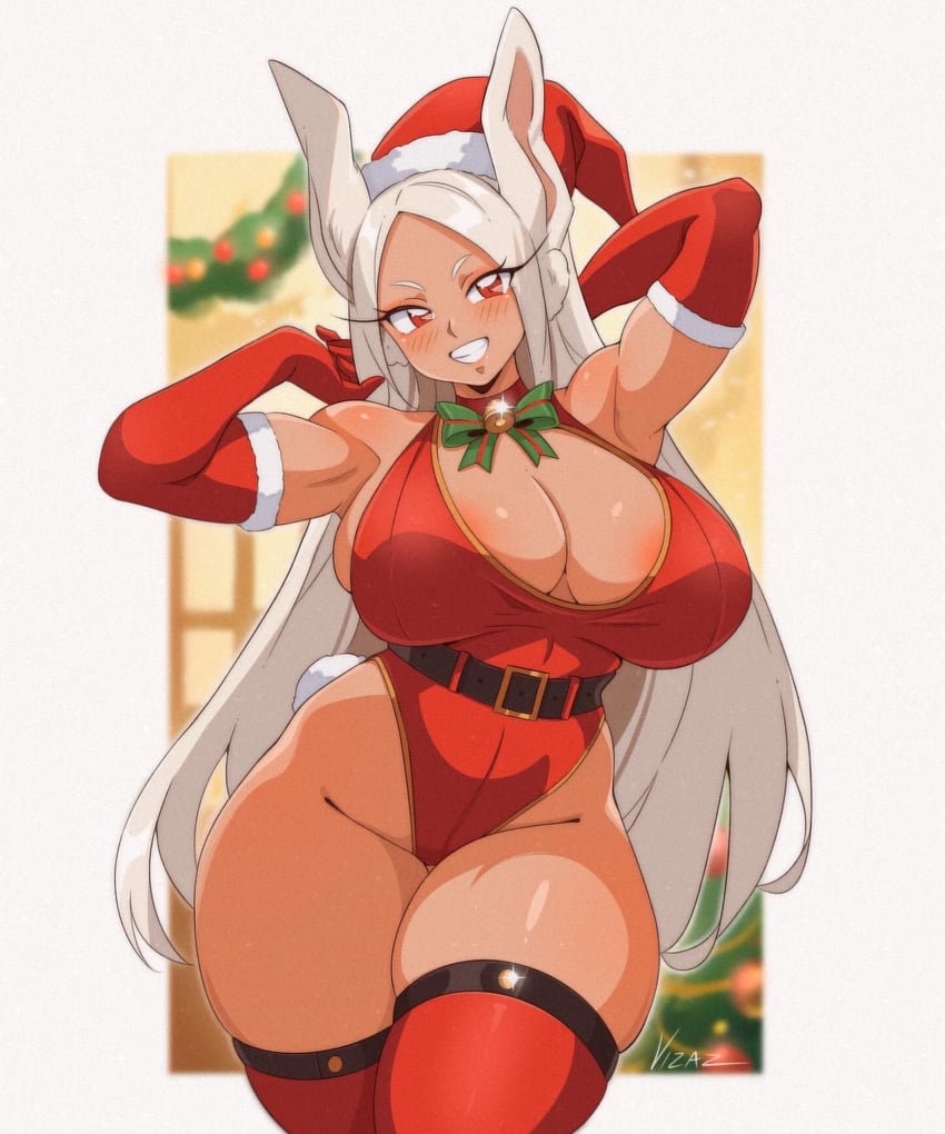 1girls alternate_version_available areola areola_slip areolae areolae_slip ass_length_hair athletic athletic_female bell belt blush boku_no_hero_academia bow bunny_ears bunny_girl bunny_tail choker christmas christmas_decorations christmas_outfit christmas_tree cotton_tail dark-skinned_female dark_skin elbow_gloves fur_trim garland gloves holly_(plant) kemonomimi long_hair mirko miruko my_hero_academia ornament rabbit_ears rabbit_girl rabbit_tail red_eyes rumi_usagiyama santa_costume santa_hat solo thick_thighs thigh_gap thighhighs thighs very_long_hair vizaz white_hair zettai_ryouiki