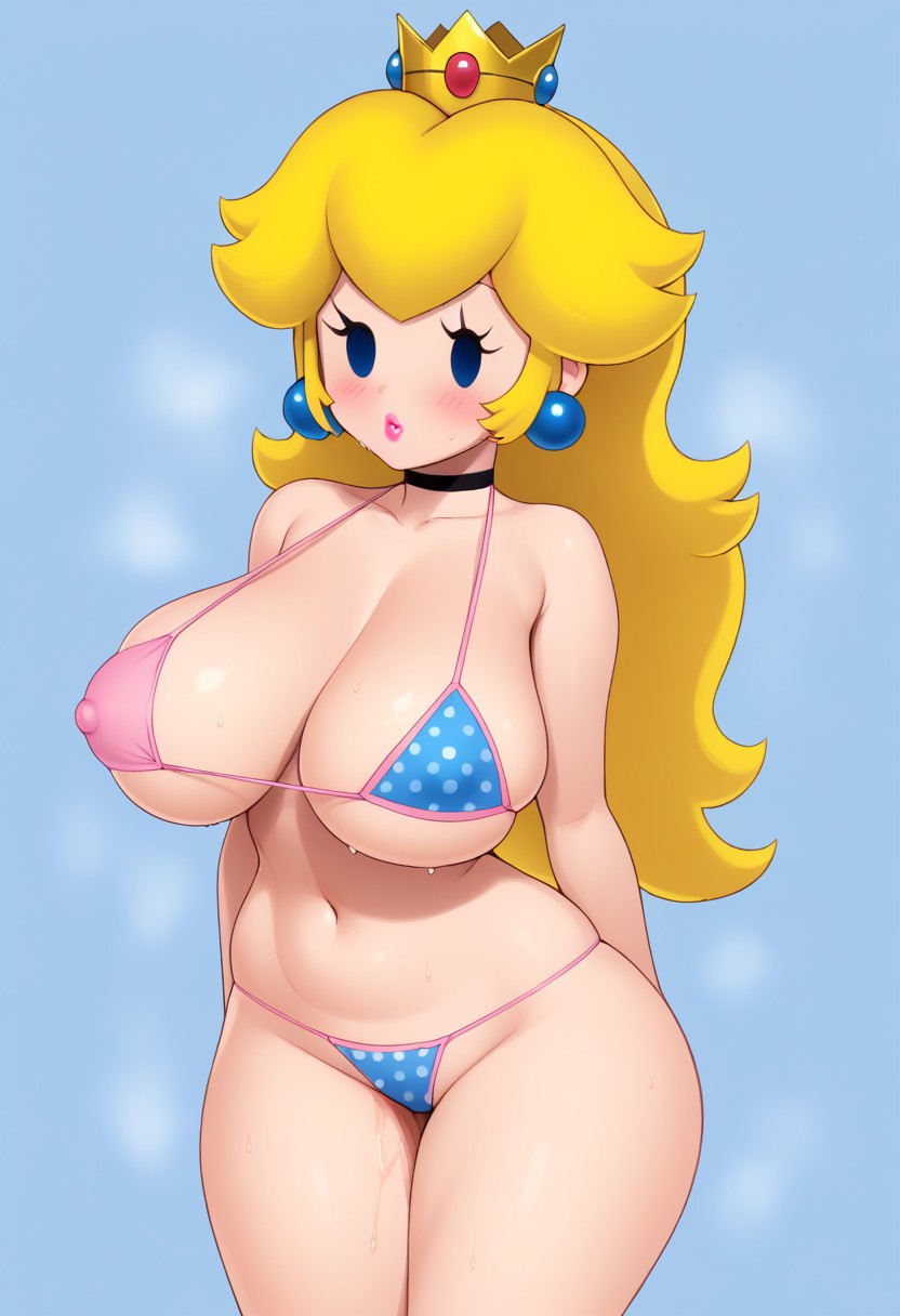 2024 ai_generated arms_behind_back belly big_breasts bikini_bottom bikini_top black_eyes blonde_hair blush breasts cleavage collarbone crashslash174 dotted_bikini gradient_background looking_at_viewer mario_(series) navel necklace paper_mario paper_peach princess_peach standing thighs white_dots