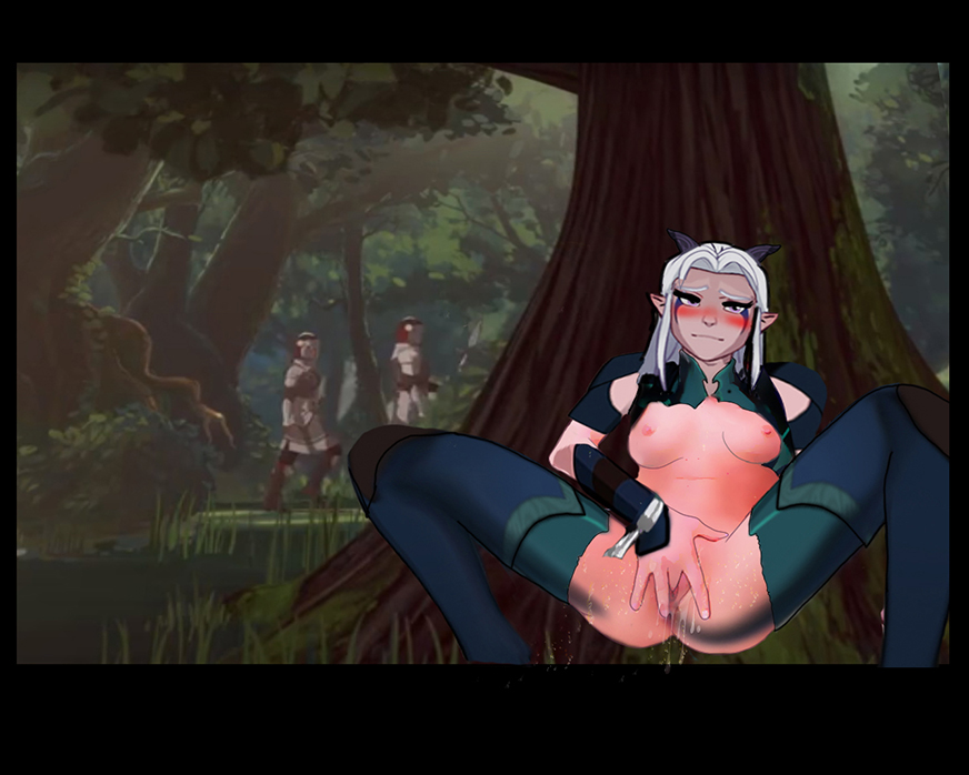 1girls, background characters, breasts, breasts out, elf, exhibitionism, exposed breasts, face tattoo, female, female focus, fingering, forest, horns, masturbation, moonshadow elf, nipples, pink skin, poochi, public, pussy, pussy juice, rayla (the dragon prince), solo focus, the dragon prince, torn clothes, white hair