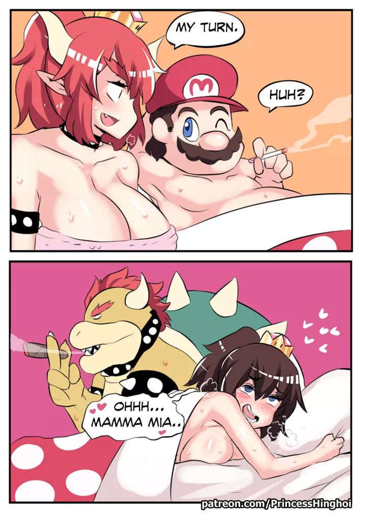 blush bowser bowsette cigar cigar_smoke cigarette cigarette_smoke female gender_bender gender_transformation genderswap hinghoi humor male mariette mario mario_(series) new_super_mario_bros._u_deluxe nintendo red_bowsette role_reversal rule_63 smoking straight super_crown super_mario_bros.