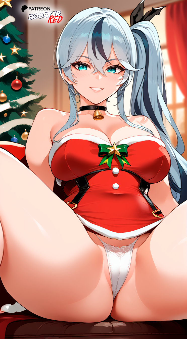 1girls ai_generated azur_lane bare_shoulders black_choker black_hair blue_eyes boosterred99 cameltoe choker christmas christmas_clothing christmas_outfit christmas_tree dress earrings female large_breasts legs long_hair multicolored_hair one_ponytail pony_diffusion_xl ponytail pussy red_dress santa_costume seductive_look seductive_smile sitting spread_legs strapless thüringen_(azur_lane) thighs thueringen two_tone_hair voluptuous white_hair white_thong wide_hips