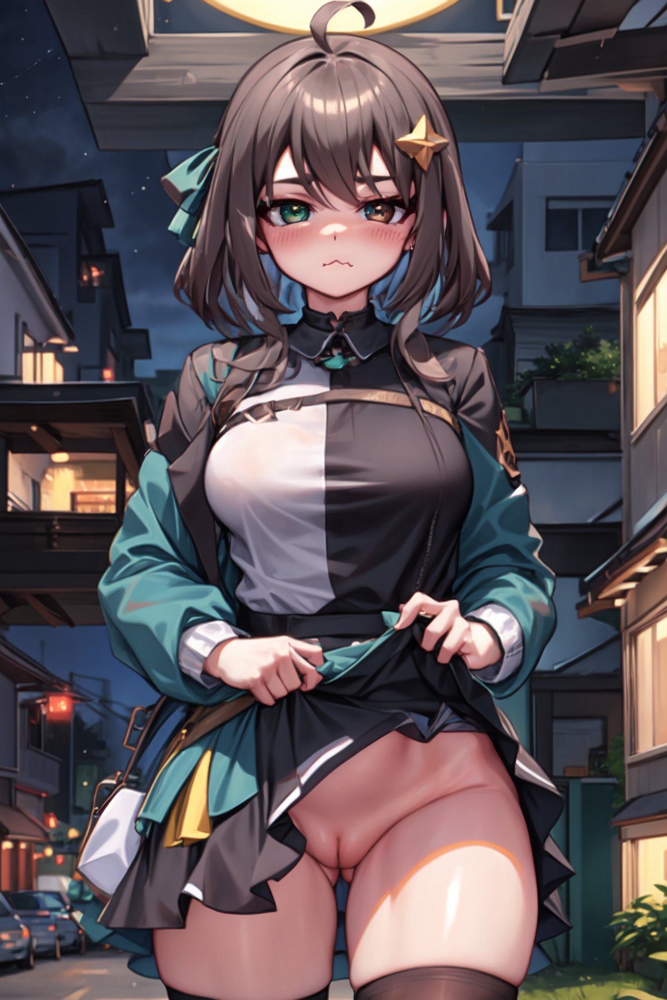 1girls ai_generated alufliniy big_breasts blush breasts brown_eyes brown_hair exhibitionism exposed_pussy green_eyes heterochromia lifted_shirt looking_at_viewer meica night no_panties outdoors public pussy shirt_lift short_hair socks tagme thighs virtual_youtuber vtuber