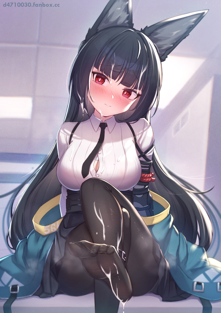 animal_ears black_hair black_necktie black_pantyhose black_skirt blunt_bangs blush cum cum_on_body cum_on_feet dress_shirt feet female fox_ears fox_girl green_jacket high-waist_skirt highres hoshimi_miyabi indoors jacket long_hair looking_at_viewer necktie no_shoes paid_reward_available pantyhose red_eyes shirt sidelocks sitting skirt soles solo uneg white_shirt zenless_zone_zero