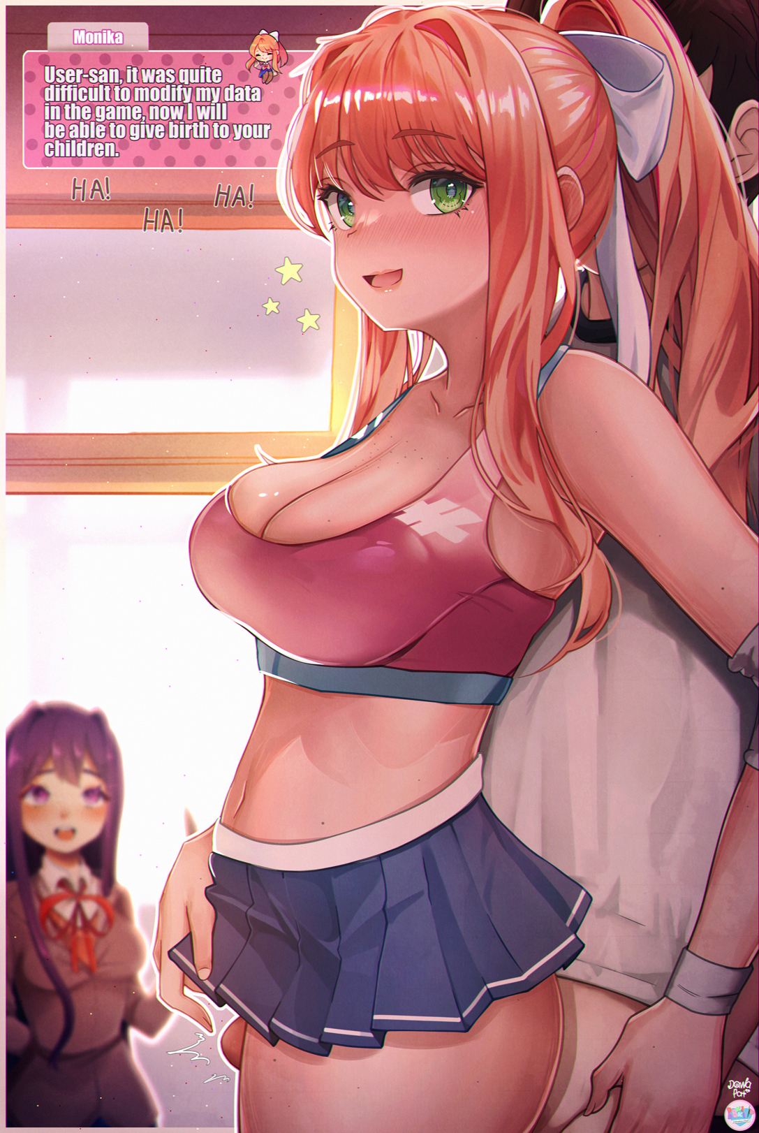 2girls, breasts, cleavage, dawapat, doki doki literature club, english text, female, green eyes, long hair, monika (doki doki literature club), motion lines, player (doki doki literature club), purple eyes, purple hair, skirt, source request, text, yuri (doki doki literature club)