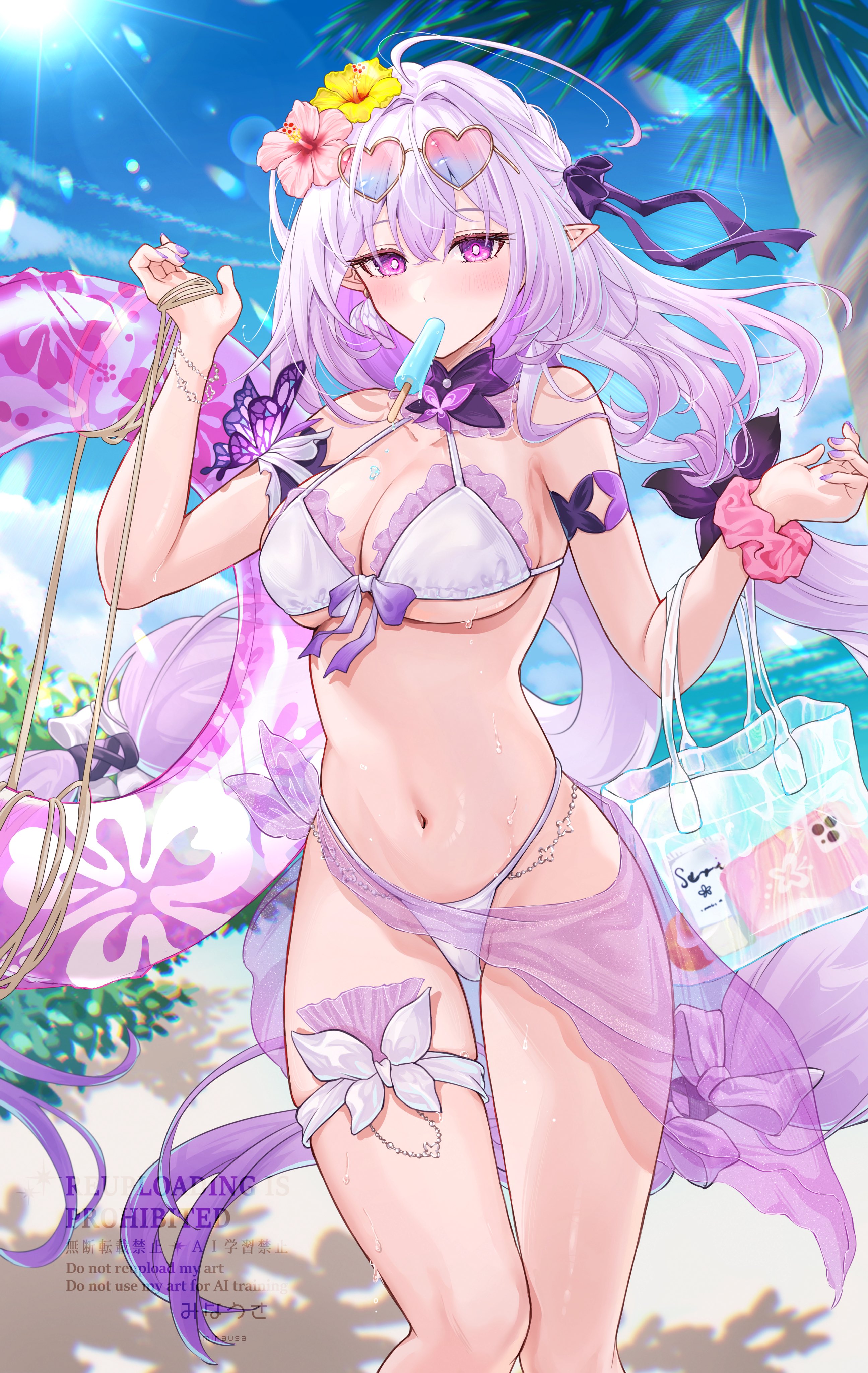 1girls, bag, beach, breasts, castorice (honkai: star rail), elf ears, female, honkai: star rail, hoyoverse, mihoyo, minausaaa, popsicle, popsicle in mouth, purple eyes, purple hair, sand, swimsuit, tube, water, white swimsuit