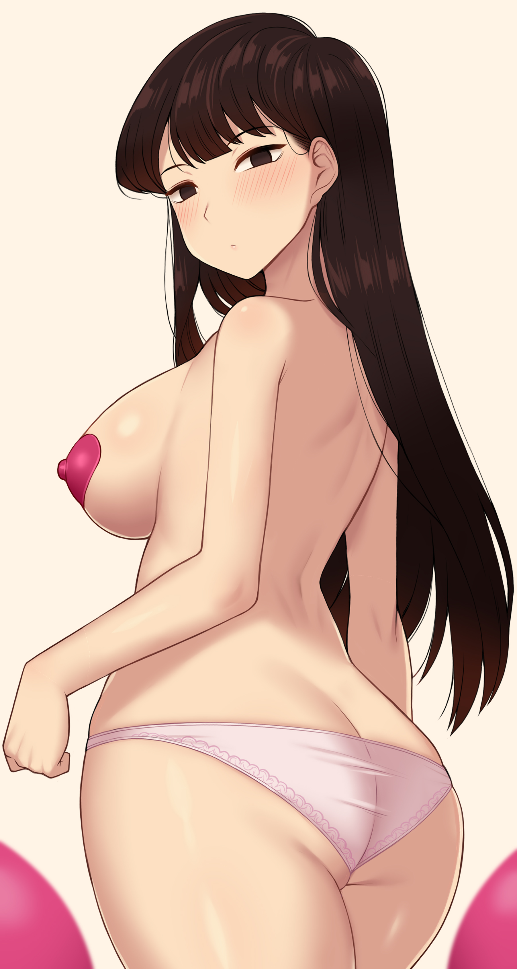 ass, back view, big ass, big breasts, black hair, breasts, female, female focus, female only, high resolution, highres, komi shouko, komi-san wa komyushou desu, large ass, long hair, looking at viewer, looking back, nipples, nipples visible through clothing, nt00, panties, panties only, solo, solo female, solo focus, thick ass, thick thighs, thin arms, topless, white panties
