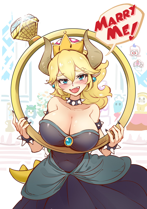 blonde_hair bowsette breasts cappy_(mario) cleavage female genderswap horns large_breasts mario_(series) new_super_mario_bros._u_deluxe nintendo proposal ring silversirius super_mario_odyssey tail talking_to_viewer tiara_(mario) wedding_ring