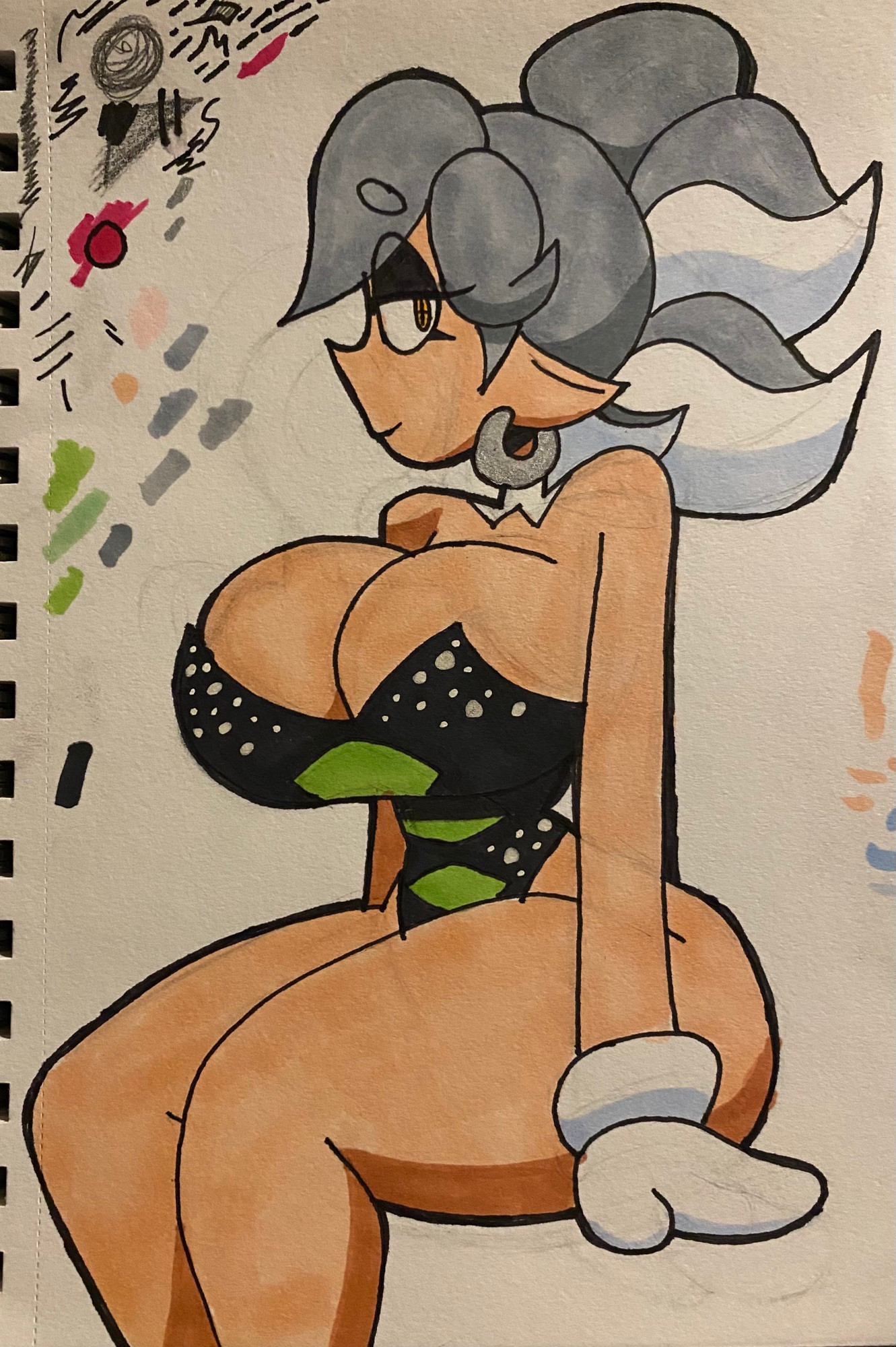 1girls, big breasts, breasts, cleavage, colored, digital drawing (artwork), digital media (artwork), female, female focus, female only, grey hair, huge breasts, inkling, jaktroose, leotard, looking to the side, marie (splatoon), nintendo, paper, splatoon, splatoon (series), squid sisters, tentacle hair, yellow eyes