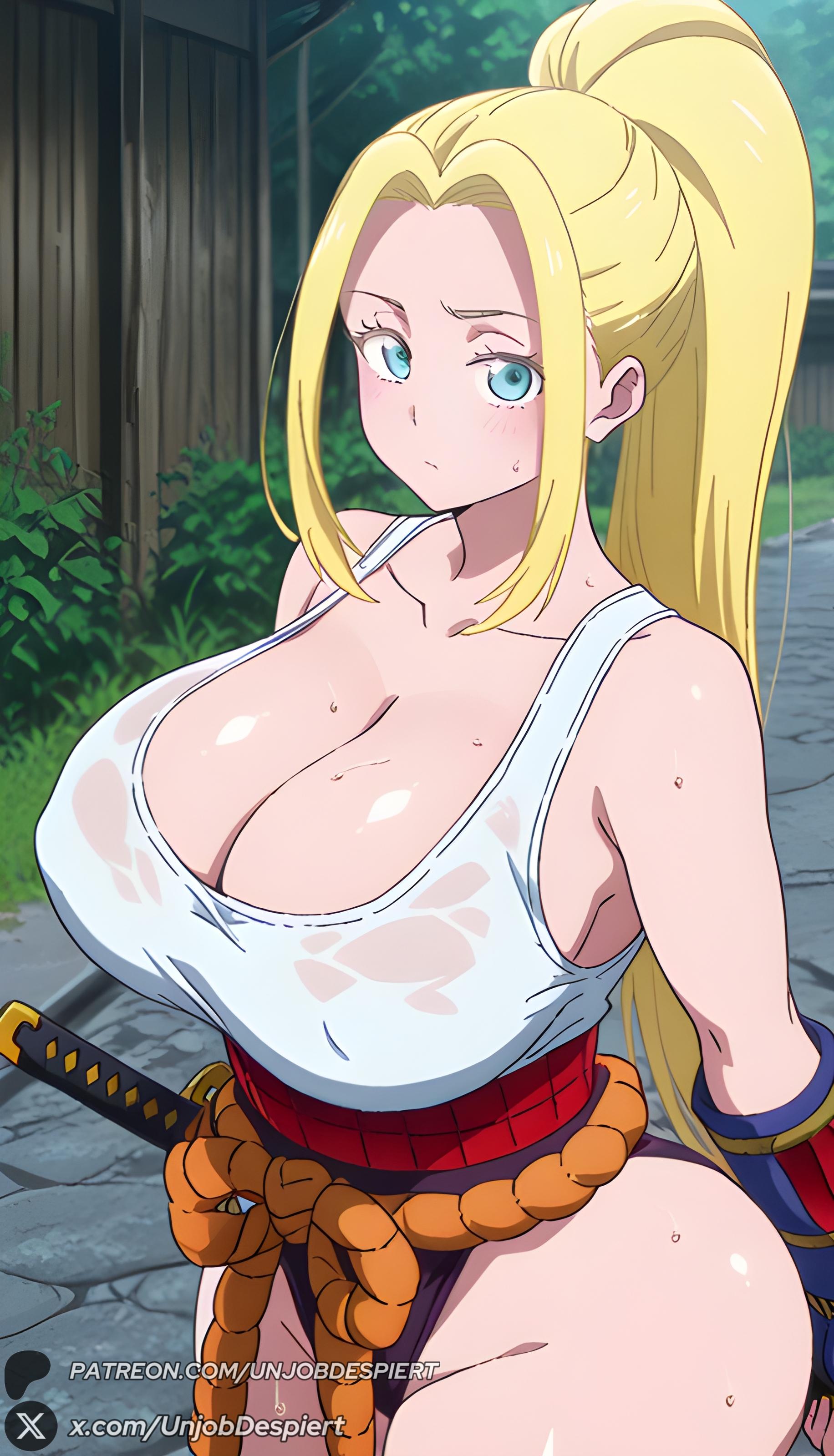 1female, 1girls, 2025, ai generated, artist name, bare shoulders, beatrix amerhauser, big ass, big breasts, blonde hair, blonde-haired female, blue eyes, blush, breasts, cleavage, closed mouth, collarbone, covered nipples, curvy, female, female only, hi res, high quality, high resolution, highres, huge ass, huge breasts, katana, large breasts, long hair, looking at viewer, outdoors, patreon, patreon username, ponytail, rope, solo, sweat, sword, tank top, thighs, unjobdespiert, watermark, weapon, wet, wet clothes, white tank top, zom 100: zombie ni naru made ni shitai 100 no koto