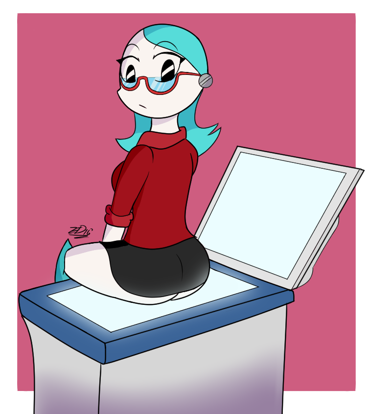 1girls 2d black_eyes black_skirt female female_only glasses humanoid jenny_wakeman looking_at_viewer my_life_as_a_teenage_robot nickelodeon photocopier photocopying_butt red_shirt robot robot_girl robot_humanoid skirt solo xj-9 xj9