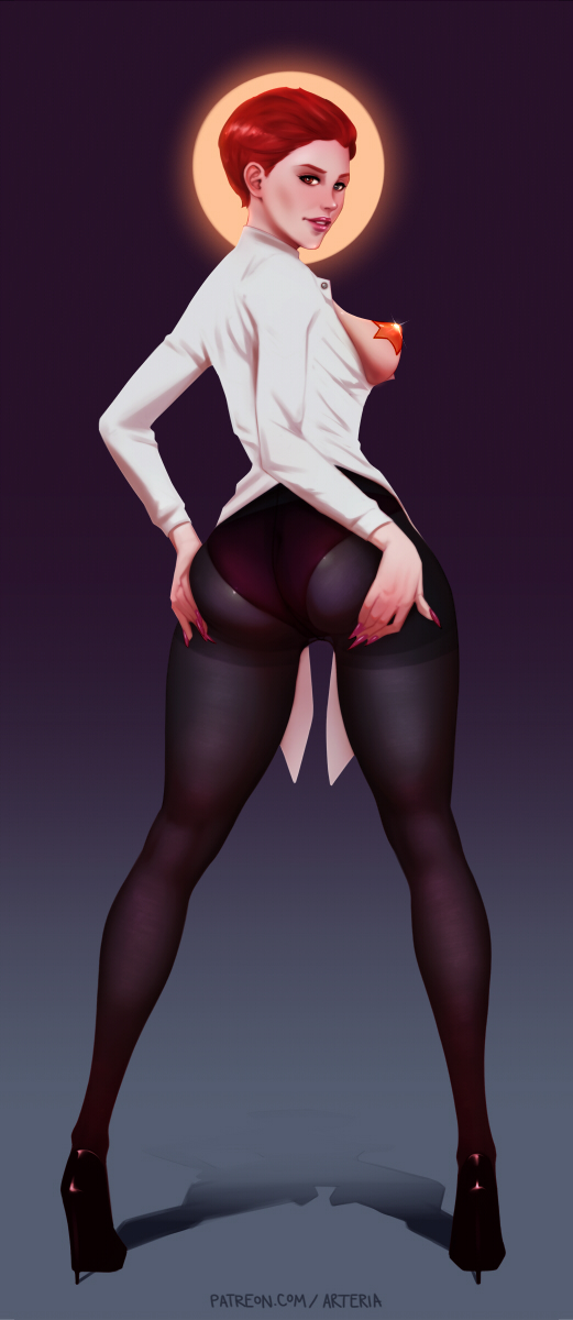 1girls 2d arteria ass blizzard_entertainment breasts cleavage female female_only hands_on_ass high_heels looking_at_viewer looking_back moira overwatch panties panties_under_pantyhose pantyhose red_hair redhead short_hair solo solo_female