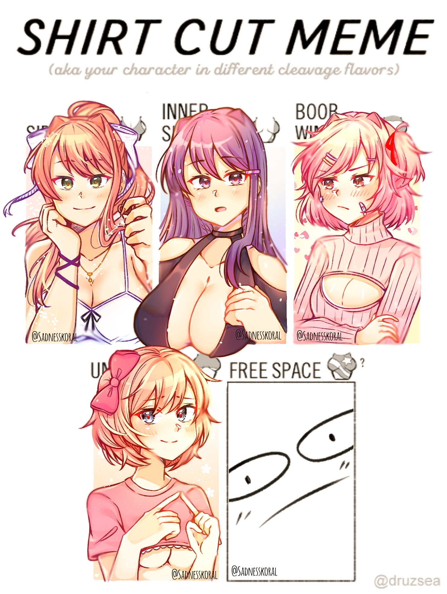 4girls, big breasts, blue eyes, boobs, bow, breasts, cleavage, cute, doki doki literature club, female, female only, green eyes, human, monika (doki doki literature club), multiple females, multiple girls, natsuki (doki doki literature club), pink eyes, pink hair, purple eyes, purple hair, sadnesskoral, sayori (doki doki literature club), shirt cut meme, yuri (doki doki literature club)
