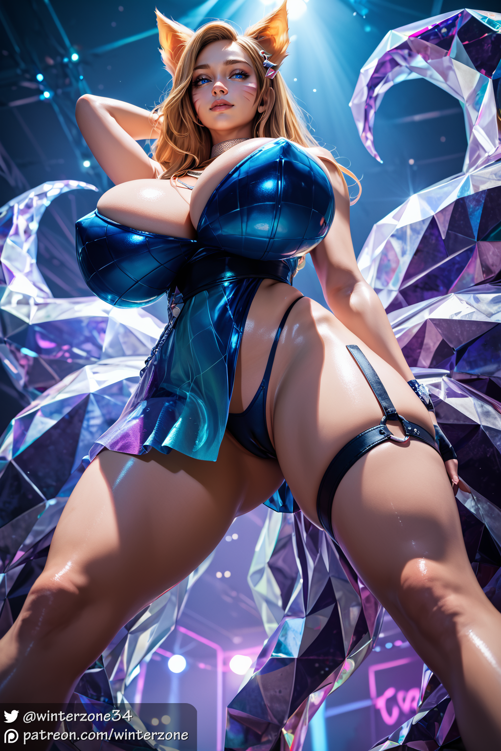 ahri ai_generated big_breasts blonde_hair blue_eyes cameltoe cat_ears cleavage concert from_below k/da_ahri k/da_all_out_series k/da_series league_of_legends looking_at_viewer revealing_clothes skindentation spread_legs stable_diffusion thick_thighs thong winterzone