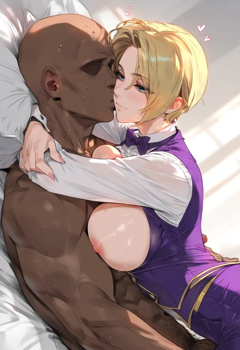 1girls ai_generated bed big_breasts blonde_hair blue_eyes breasts breasts_out busty chocopizza clothed curvaceous curvy curvy_female dark_skin female huge_breasts king_(snk) king_of_fighters large_breasts light-skinned_female light_skin long_sleeves male/female natural_breasts pale-skinned_female pale_skin pants shirt short_hair soft_breasts suit tits_out tuxedo voluptuous voluptuous_female wet white_shirt wide_hips