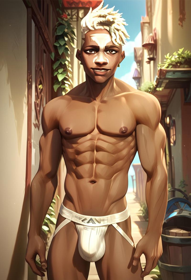 abs ai_generated biceps blonde_hair blush brown_eyes dark-skinned_male dark_skin dreadlocks ekko gay jockstrap jockstrap_only league_of_legends looking_at_viewer male male_only muscular muscular_male nipples nude_male pecs smile toned_body toned_male twall97