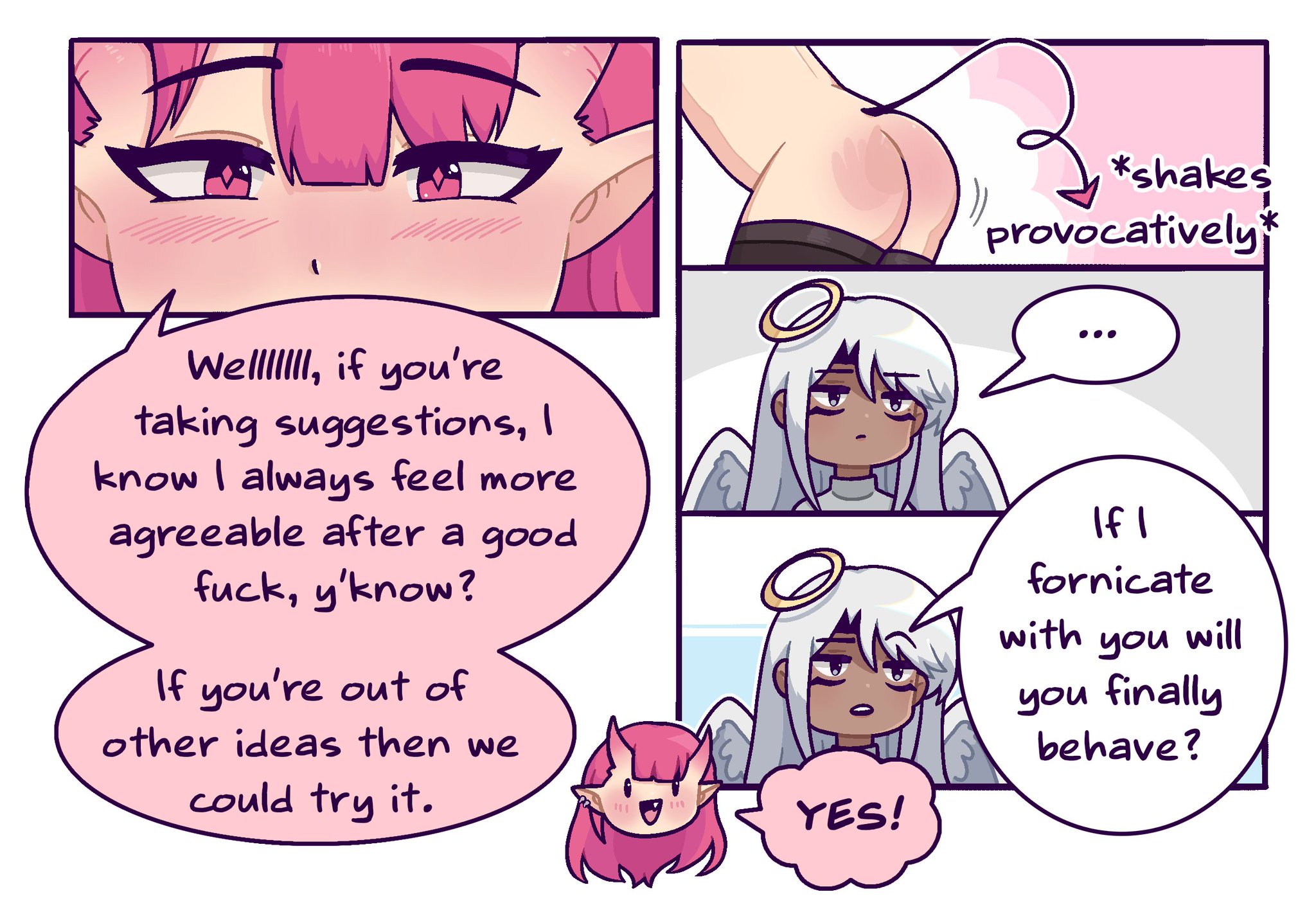 2girls, 4 eyes, angel, angel wings, ass, closed eyes, comic, demon, demon girl, english text, female, female only, flirting, halo, horns, multi eye, multiple females, multiple girls, pink hair, presenting hindquarters, shaking ass, shaking butt, succubus, tail, teasing, welcome to heaven, white hair, wings, yuri