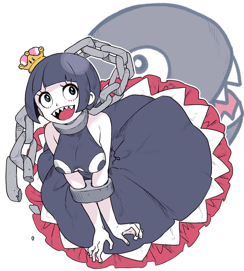 1girls, 1other, ambiguous gender, black hair, chain chomp, chains, chompette, crown, cute, dress, female, female focus, mario (series), new super mario bros. u deluxe, nintendo, saekiyahiro, super mario bros.
