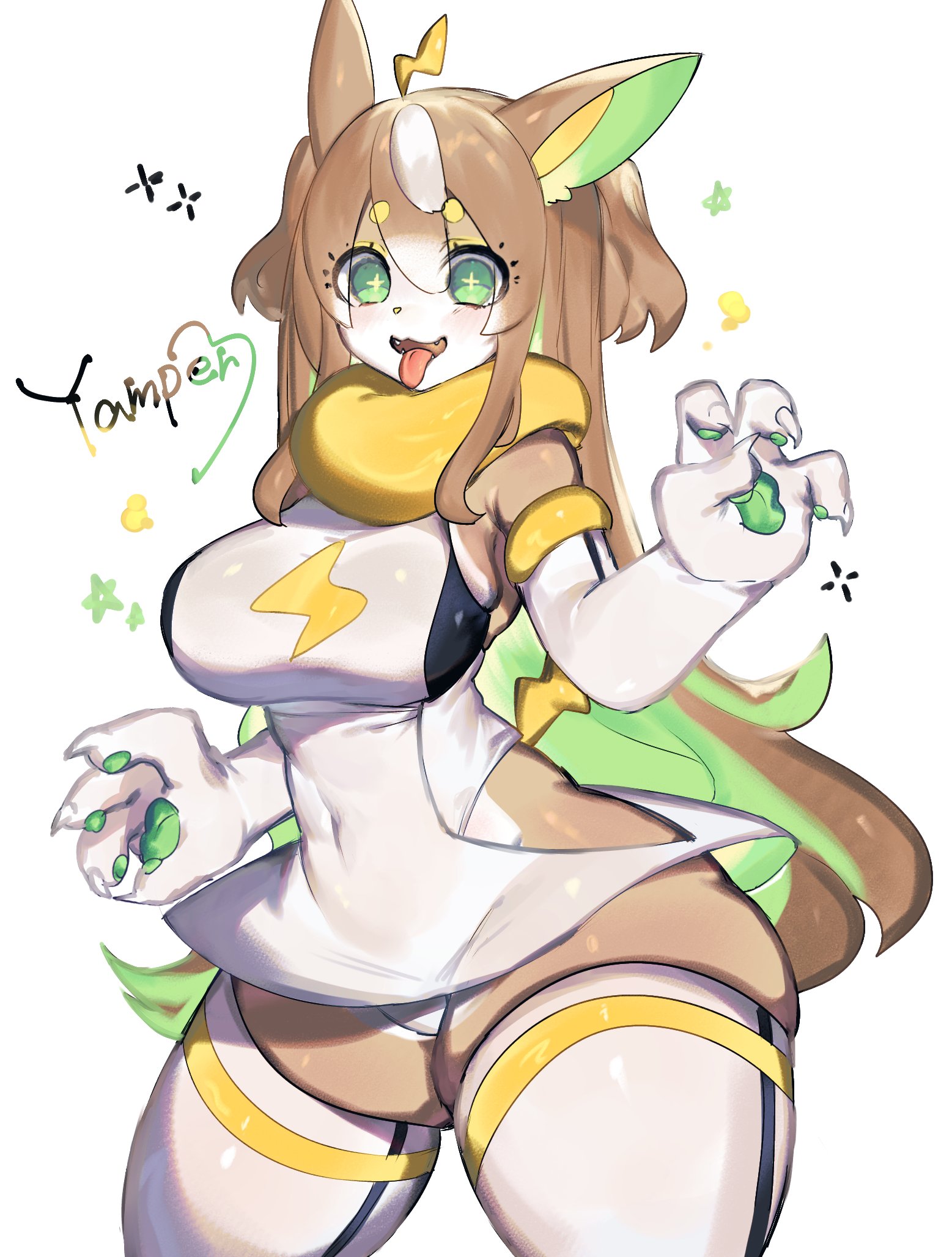 1girls, anthro, blush, brown hair, clothing, english text, female, female only, generation 8 pokemon, green eyes, green hair, legwear, long hair, looking at viewer, nintendo, open mouth, pawpads, pokémon (species), pokemon, pokemon (species), smiling, smiling at viewer, solo, text, thick thighs, thigh squish, toge77789, togetoge, tongue, tongue out, two-tone hair, very high resolution, white background, white legwear, yamper