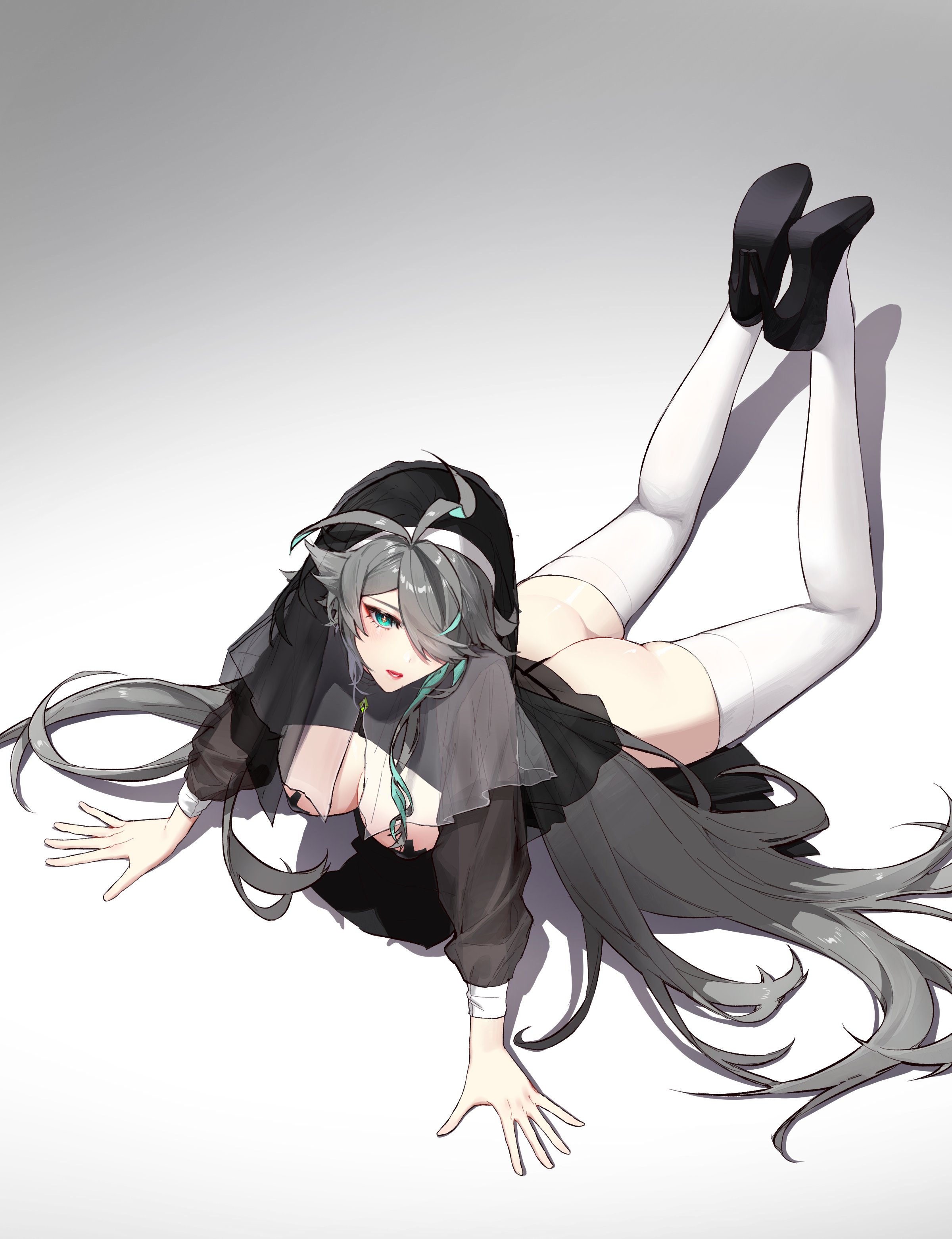 alhaitham (genshin impact), ass, big breasts, blush, breasts, female, feminization, genderswap, genderswap (mtf), genshin impact, grey hair, high heels, nun, on floor, pale skin, palpal arm, rule 63, thighs