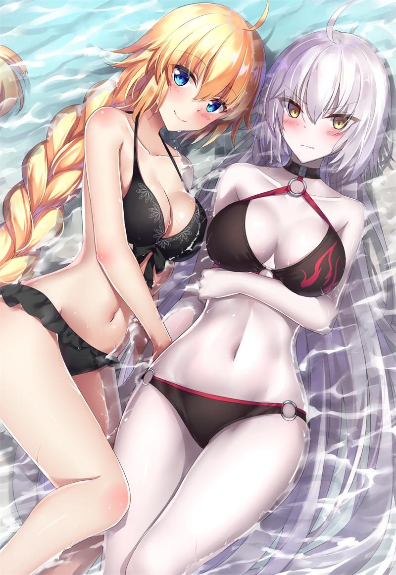 2girls, bikini, blonde hair, blue eyes, blush, breasts, fate (series), fate/grand order, female, jeanne alter, jeanne d'arc (fate), jeanne d'arc (fate) (all), jeanne d'arc (swimsuit archer), large breasts, light skin, light-skinned female, pale skin, pale-skinned female, silver hair, underwear, yellow eyes