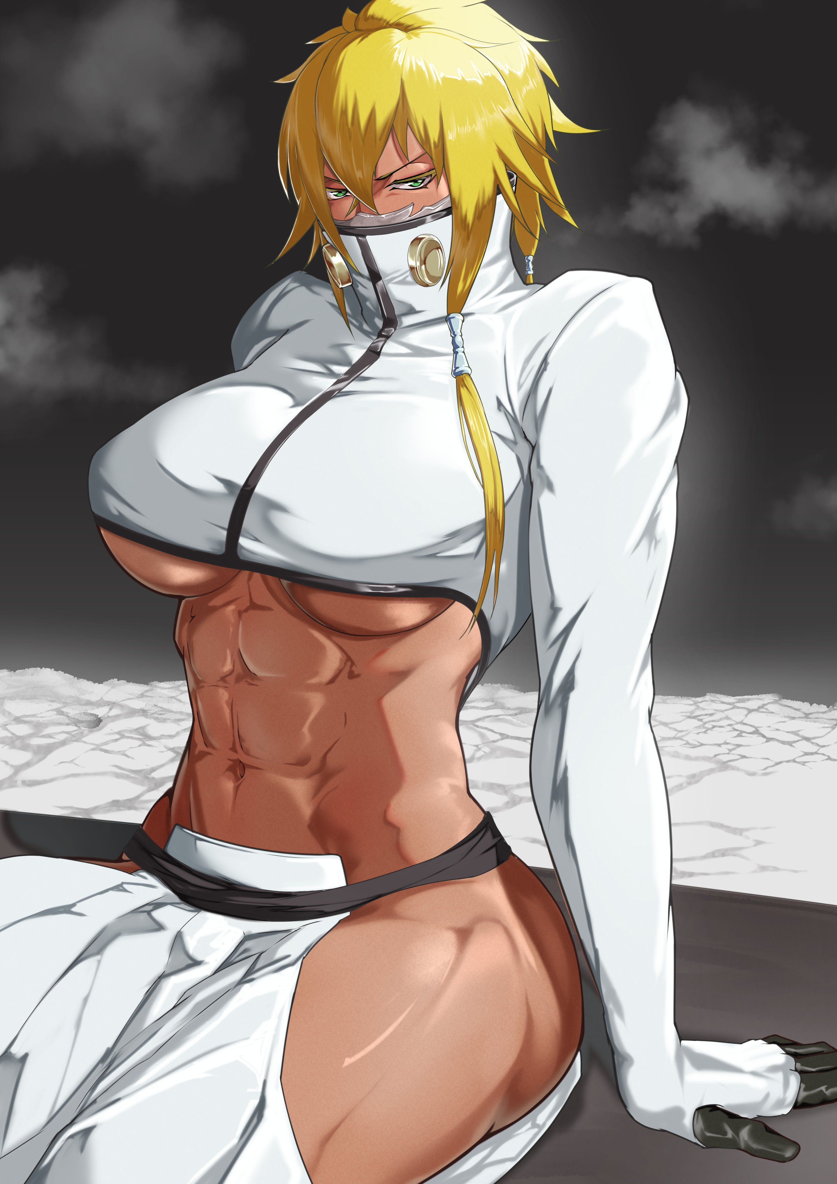 1girls, 2024, abs, absurd res, arm support, big breasts, bleach, blonde hair, breasts, clothed, clothed female, dark skin, dark-skinned female, female, female focus, female only, green eyes, hi res, jacket, kureshi (hannzi), long gloves, looking at viewer, mask, masked, masked female, muscular, muscular female, short hair, sitting, solo, solo female, solo focus, thick thighs, thighs, tia harribel, toned, toned female, underboob, white jacket