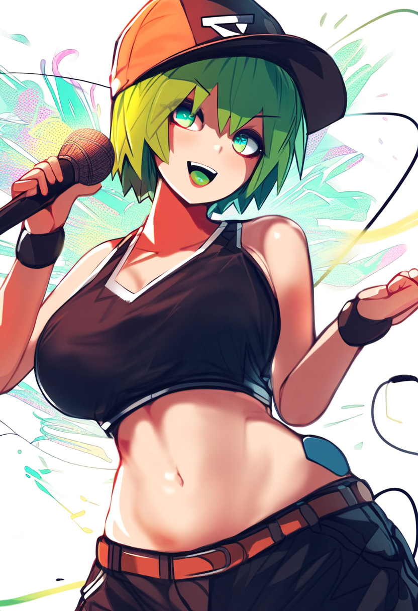 abstract_background ai_generated foo_fighters green_hair green_tongue hat jeff's_ai_lewds jojo's_bizarre_adventure microphone navel novelai stone_ocean