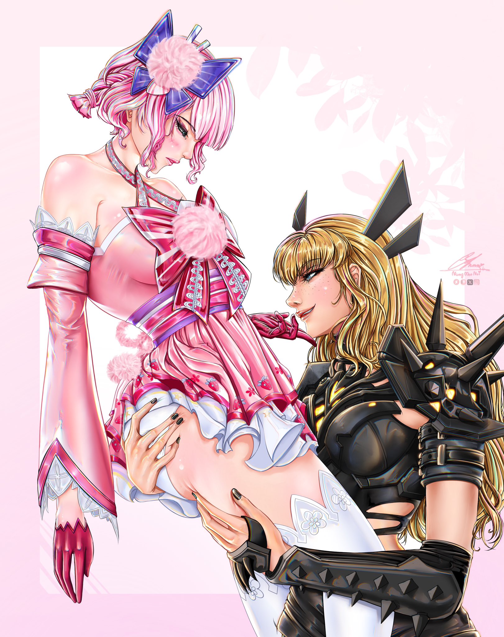 2girls, ass grab, blonde female, blonde hair, carrying, carrying partner, duo, female, female only, hands on ass, holding, leg grab, magik (illyana rasputin), magik (marvel rivals), marvel, marvel rivals, multiple girls, panties, pink background, pink clothing, pink eyes, pink hair, psylocke, psylocke (marvel rivals), psylocke (sai) (daring daifuku), side view, simple background, stockings, underwear, white panties, white underwear, yuri