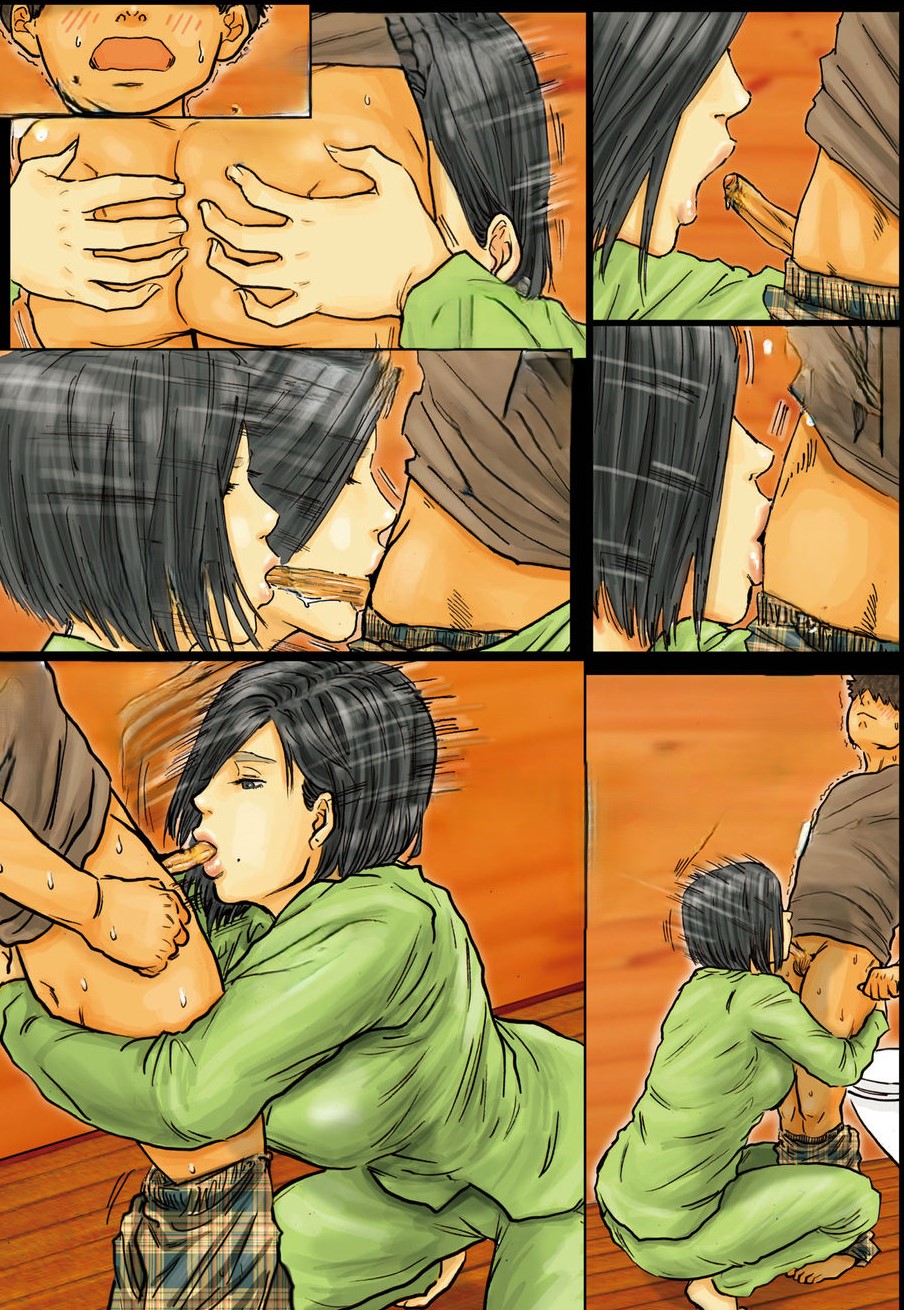 aggressive fellatio, ass grab from front, cheating wife, cock gobble, cock hungry, fellatio, giving head, imminent fellatio, kuroneko smith, male, obaa-san no karada ga kimochi yosugiru kara, penis, penis in mouth, small penis adoration, toilet, while other asleep