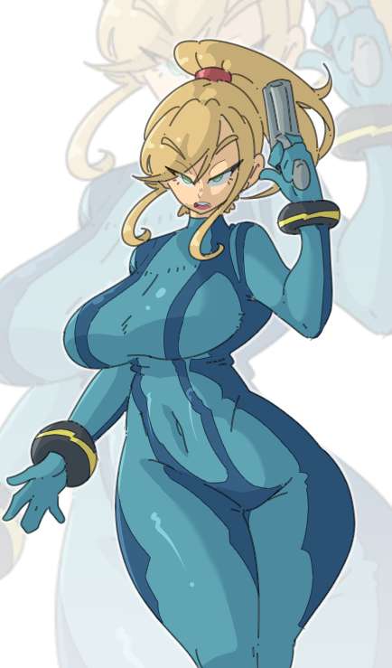 big_breasts bimbo blonde_hair blue_eyes fully_clothed leedraw11 looking_back metroid ninja nintendo samus_aran thick_thighs thighs tight_clothing zero_suit_samus