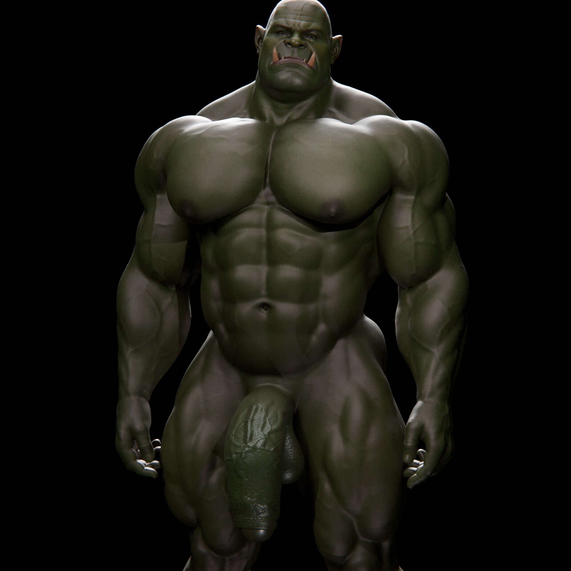 1boy, bald, balls, bara, foreskin, gay, green body, green skin, humanoid, male, male only, muscular, muscular male, navel, nipples, orc, penis, solo, solo male, tusks, uncircumcised, uncut, voluox, yaoi