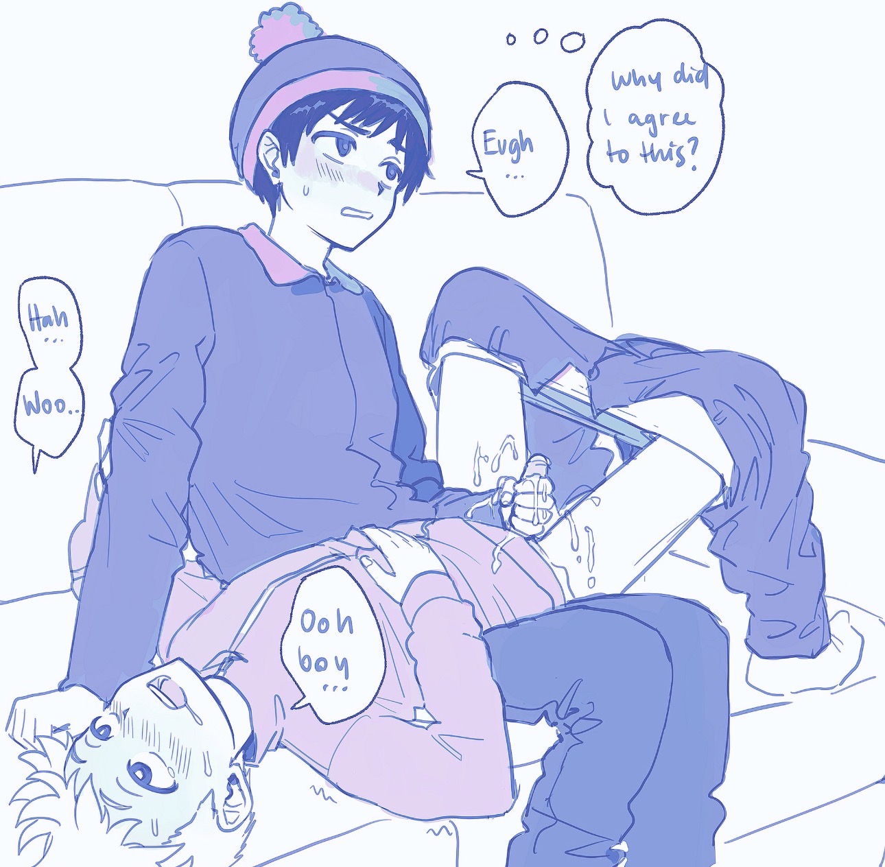 2boys, 2d, black hair, blonde hair, blushing, clothed, comedy central, couch, cum, dark hair, english text, eyes rolling back, gay, handjob, leopold butters stotch, looking away, looking back, male, male only, nervous, over18, pants down, sketch, south park, stan marsh, sweating, thought bubble, upset, yaoi