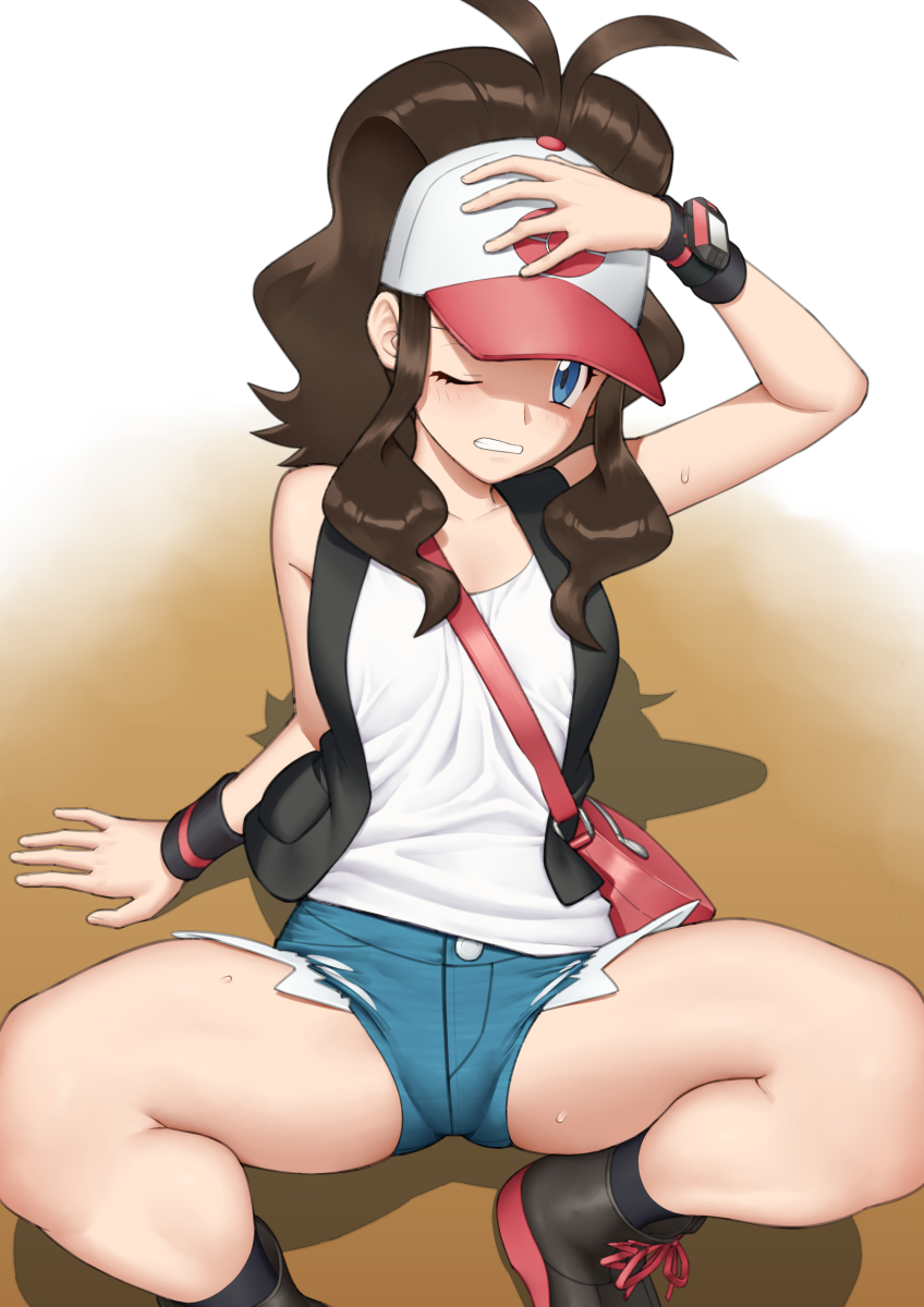 1girls, 2d, cap, color, female, female focus, female only, game freak, gonoike biwa, hat, hilda (pokemon), hotpants, looking at viewer, nintendo, no sex, pokemon, pokemon bw, ponytail, short shorts, shorts, simple background, sitting, spread legs, sweat, sweatdrop, tank top, teenager, tomboy