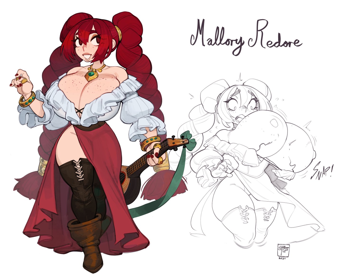 1girls, areolae, big breasts, boots, braided twintails, breasts, breasts out, cleavage, english text, female, female only, freckles, freckles on breasts, gattles, hi res, inconvenient breasts, jewelry, legwear, long hair, mallory redore, musical instrument, necklace, nipples, red eyes, red hair, shocked, shocked expression, smiling, solo, text, thick thighs, twintails, wardrobe malfunction, white background