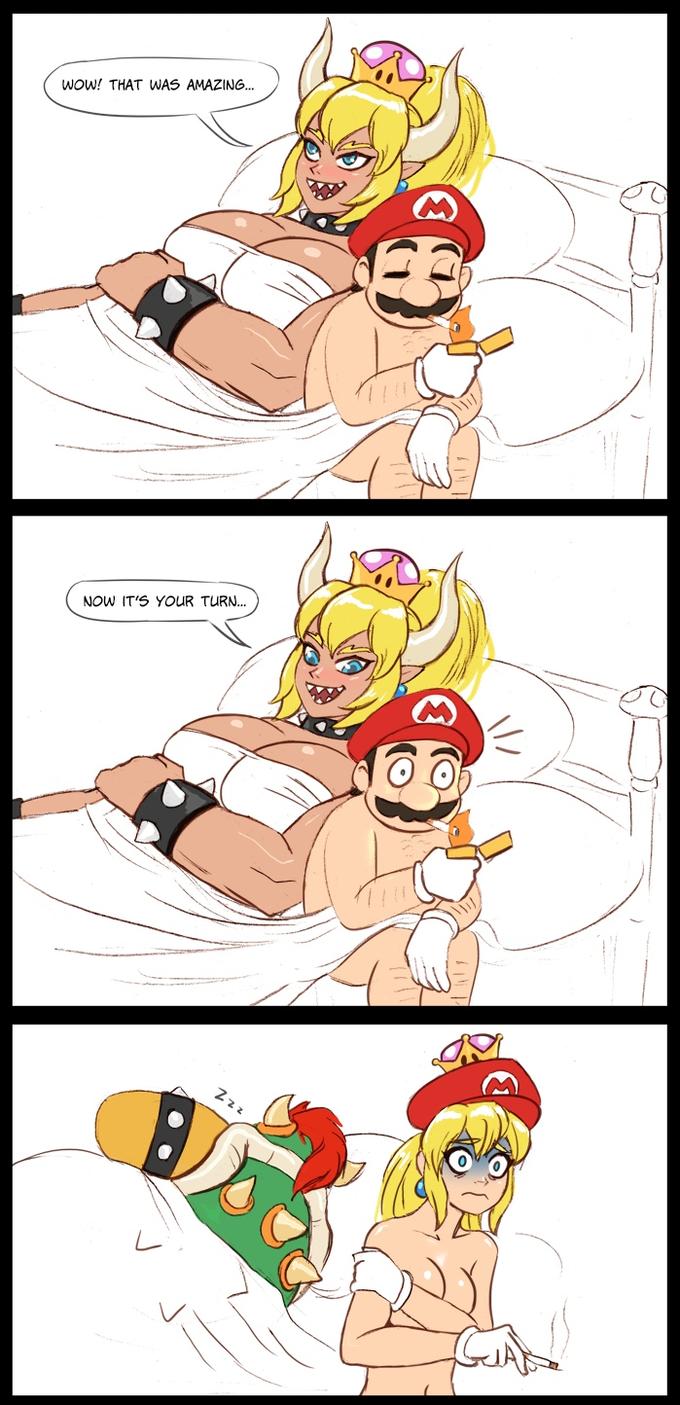 1boy, bed, bowser, bowsette, cigarette, comic, female, flick, gender transformation, horn, laying down, male, mario, mario (series), muscular, muscular female, new super mario bros. u deluxe, nintendo, role reversal, rule 63, sex, sleeping, smoking, super crown, super mario bros., switch, tagme, transformation