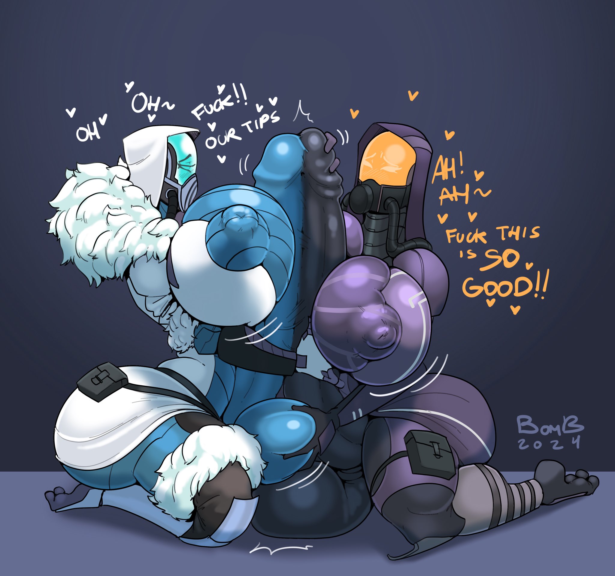 2024, 2futas, areolae, autopaizuri, balls, big breasts, big penis, bodysuit, breasts, clothed, clothing, duo, frottage, fur trim, futa on futa, futa only, futanari, grabbing, grabbing balls, heart, huge balls, huge breasts, huge cock, humanoid, intersex, mass effect, masturbation, mostly clothed, nipple bulge, nipples, oil bomb, penis, quarian, watermark