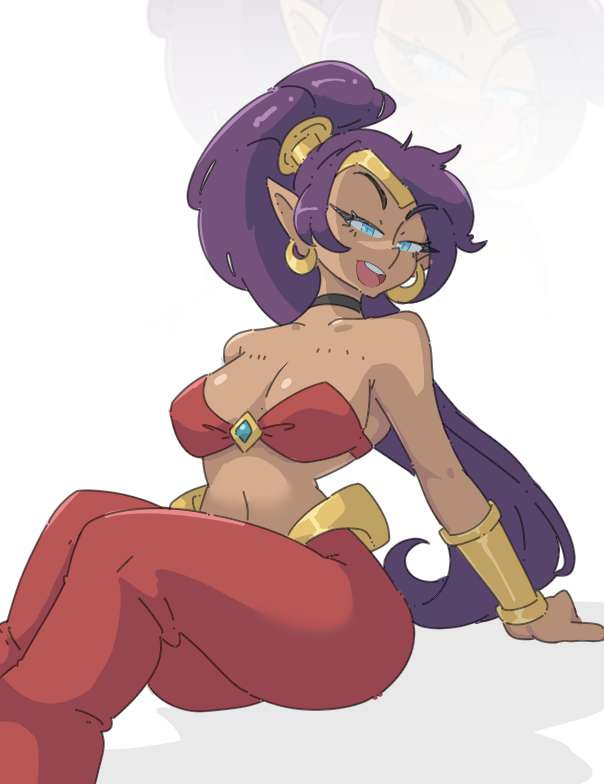 1girls big_breasts blue_eyes breasts busty cleavage clothed dark-skinned_female female female_only half-closed_eyes large_breasts leedraw11 navel pointy_ears ponytail purple_hair seductive seductive_smile shantae shantae_(character) sitting smile solo tagme