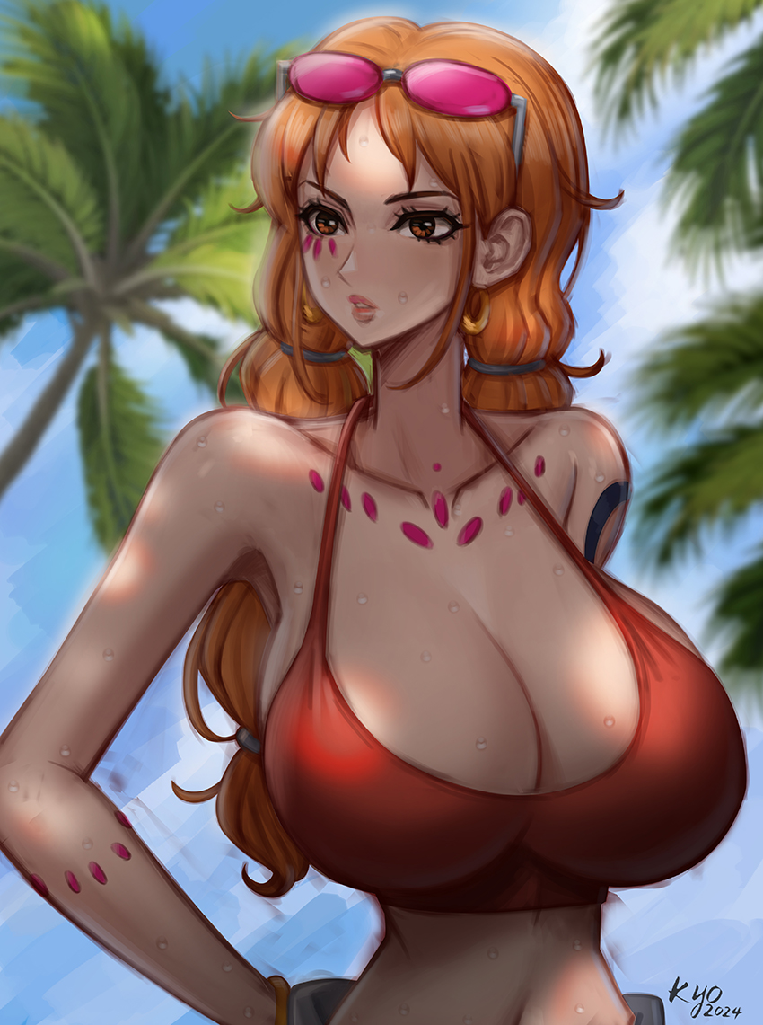 breast_focus breasts female female_only huge_breasts kyopink nami one_piece one_piece_film_red orange_hair post-timeskip solo sweat