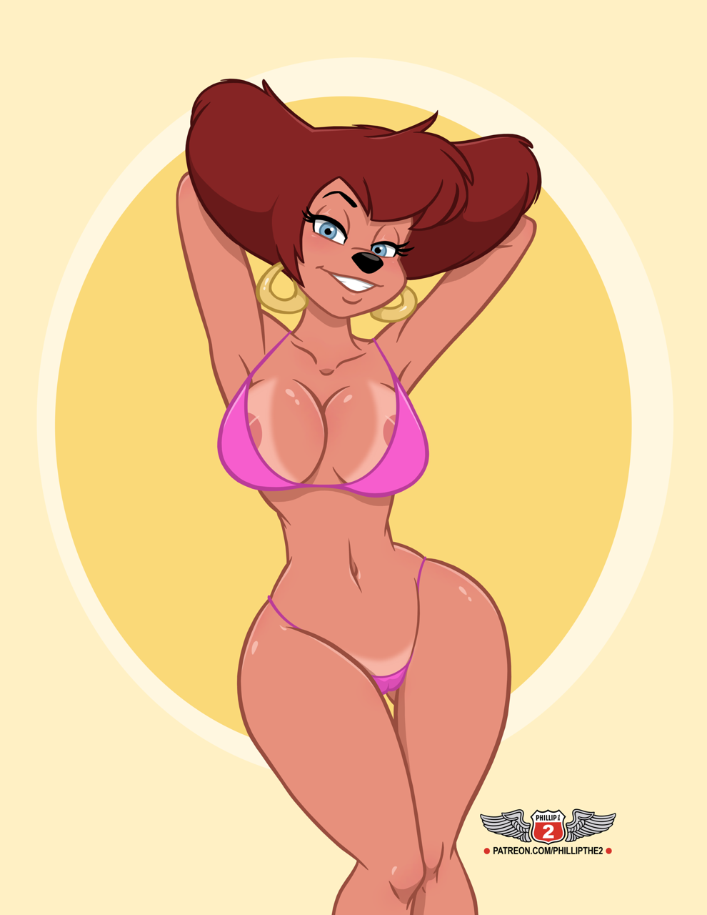 1girls anthro anthro_only arms_behind_head bikini bikini_bottom bikini_top breasts brown_hair disney earrings female female_only goof_troop hourglass_figure looking_at_viewer milf mostly_nude peg_pete phillipthe2 smile solo solo_female voluptuous voluptuous_female