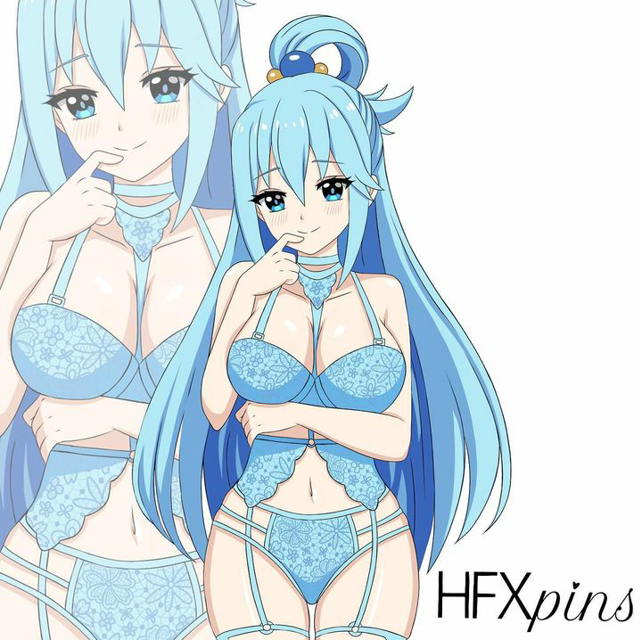 1girls aqua_(konosuba) blue_hair blush cleavage female female_only hfxpins kono_subarashii_sekai_ni_shukufuku_wo! lingerie solo