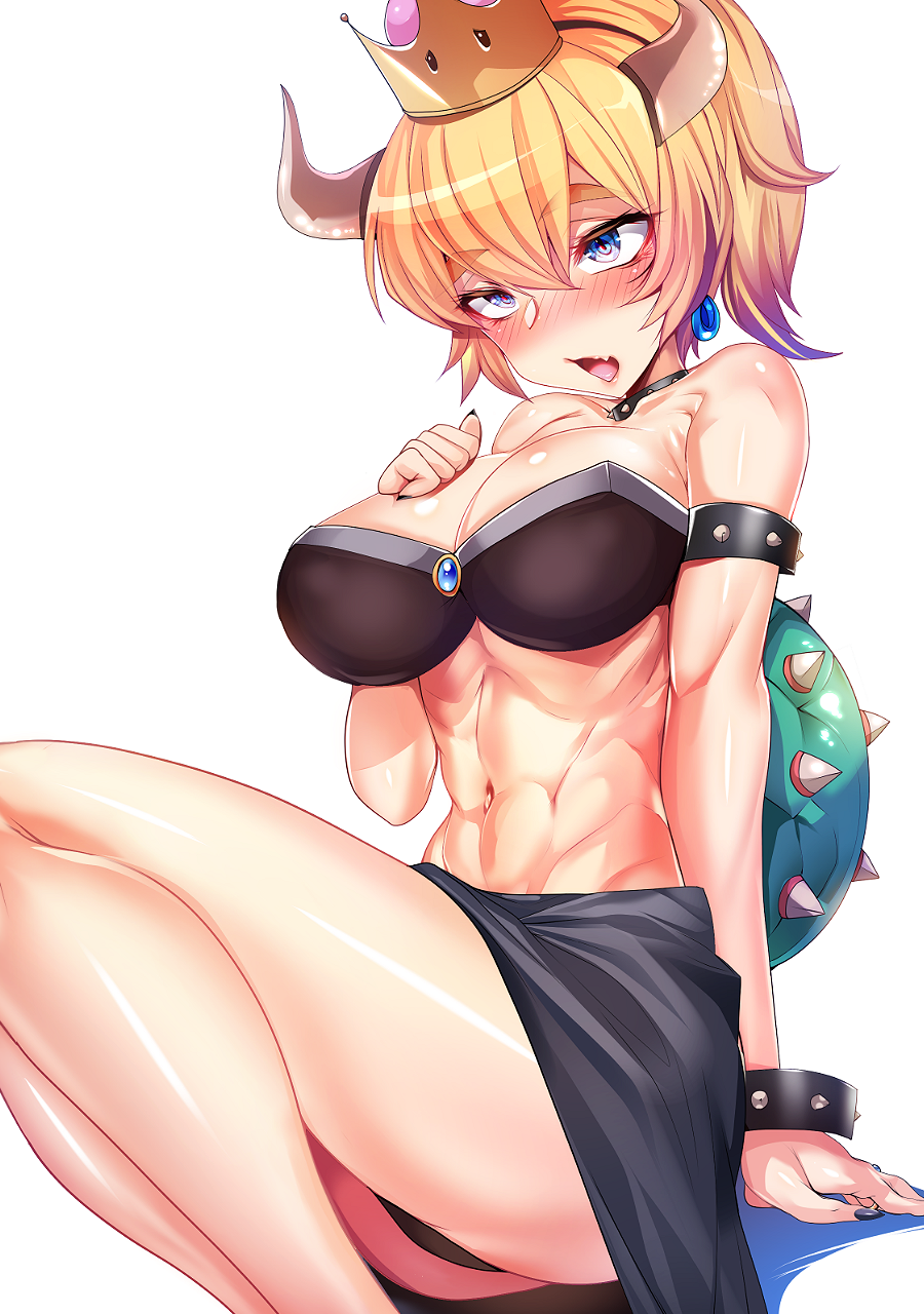 big breasts, blonde hair, blush, bowsette, breasts, crown, female, female only, genderswap, horns, mario (series), new super mario bros. u deluxe, nintendo, open mouth, rule 63, silly (marinkomoe), sitting