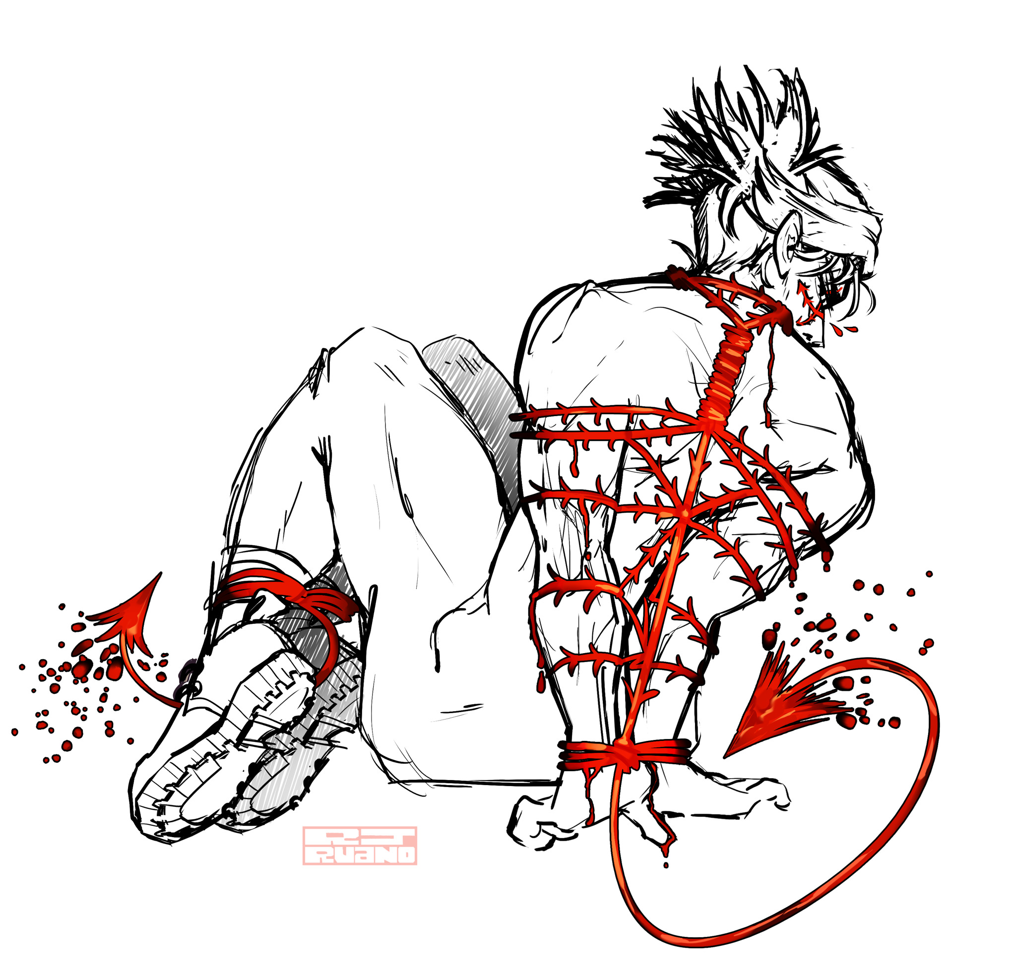 back view, blood, bondage, choso kamo, jujutsu kaisen, male, male only, shoes only