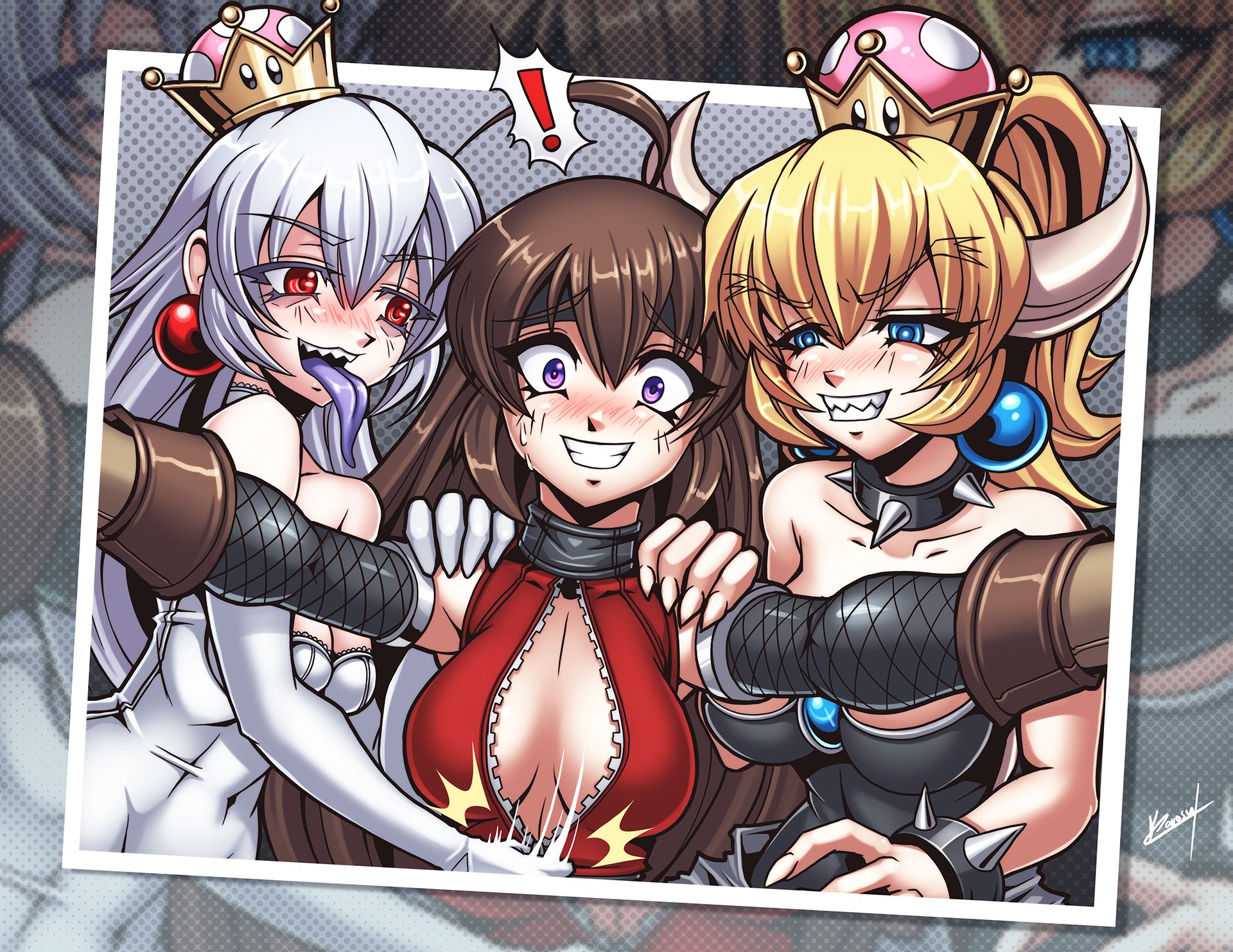 3girls, big breasts, black dress, blonde hair, blue eyes, blush, boosette, bowsette, bracelet, breasts, brown hair, cleavage, collar, crown, dress, earrings, elbow gloves, eyebrows visible through hair, female, genderswap, gloves, harem, horns, karosu-maker, light skin, light-skinned female, long hair, mario (series), new super mario bros. u deluxe, nintendo, ponytail, purple eyes, purple tongue, red eyes, rule 63, sharp teeth, smile, spiked bracelet, spiked collar, super crown, tied hair, tongue, tongue out, white dress, white gloves, white hair, yuri