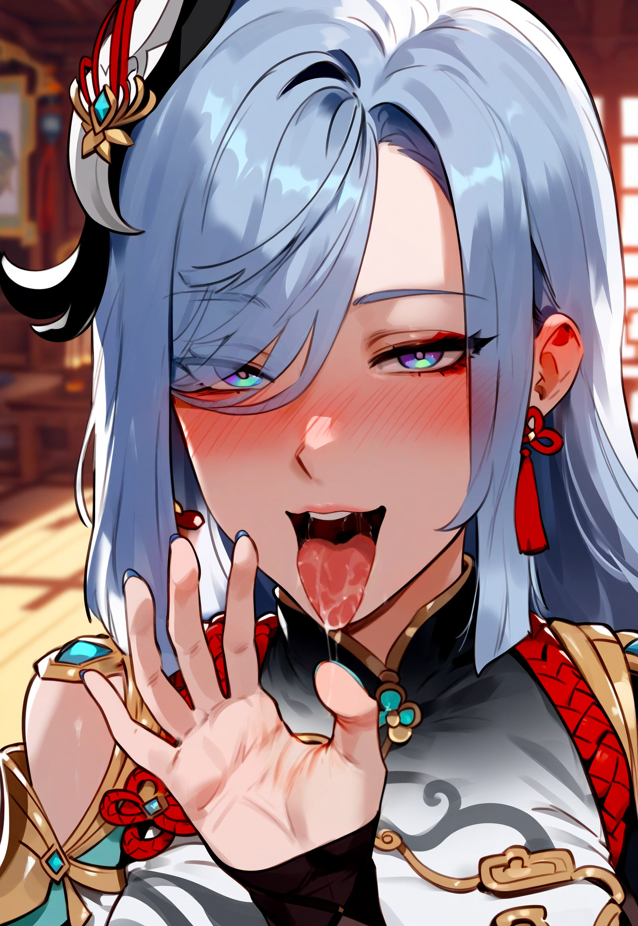 1boy, 1girls, ai generated, bangs, blue eyes, blue hair, blue nails, blurry, blurry background, blush, bodysuit, braid, breast curtain, breasts, clothing, clothing cutout, curvaceous, curvaceous female, curvaceous figure, curvy, curvy figure, earrings, eyes visible through hair, fellatio gesture, female, female focus, floxin, gem, genshin impact, gradient eyes, grey hair, hair ornament, hair over one eye, half-closed eyes, inviting to suck, jewelry, large breasts, light skin, light-skinned female, long hair, looking at viewer, male, nail polish, naughty face, open mouth, oral invitation, piercing, saliva, semen, shenhe (genshin impact), shoulder cutout, single earring, smile, solo, tassel, tassel earrings, tied hair, tongue, tongue out, upper body, voluptuous, voluptuous female, white hair