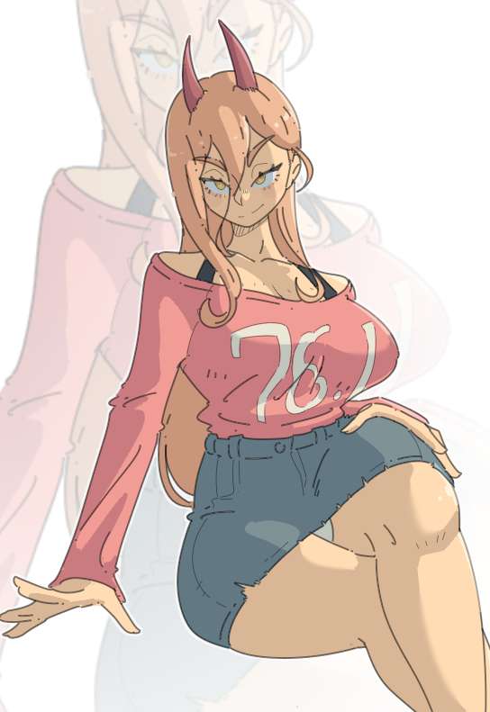 big breasts, blonde hair, breasts, chainsaw man, female, female focus, female only, fully clothed, horns, jean shorts, large breasts, leedraw11, looking at viewer, panties, power (chainsaw man), seductive look, shorts, shounen jump, smile, solo, thick thighs, yellow eyes