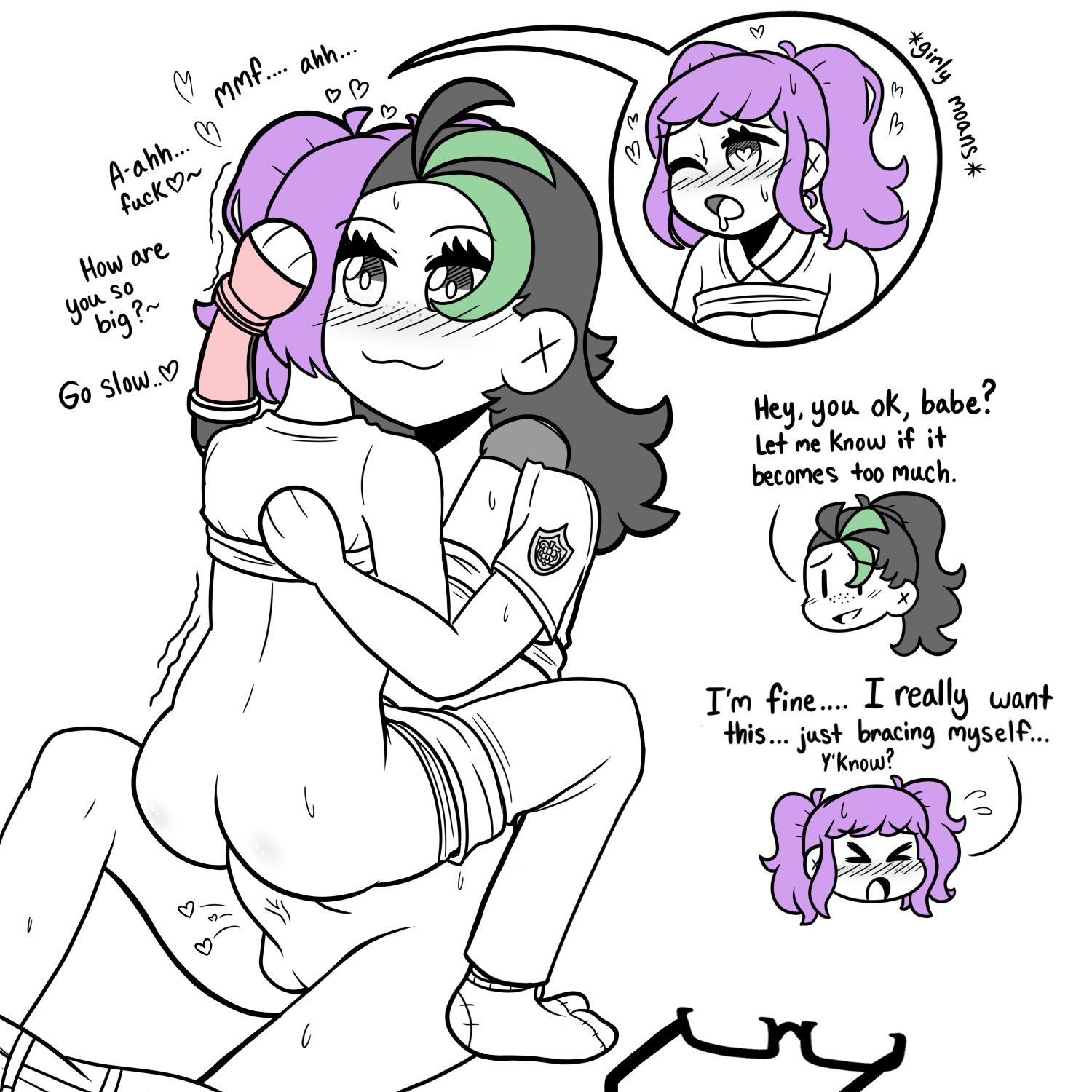 1dickgirl, 2d, anal, anal sex, black hair, blush lines, clothing, dick, dickgirl, erin (ikeychain), futanari, glasses, glasses removed, hand on head, heart-shaped pupils, ikeychain, intersex, nemona (pokemon), original, original character, penetration, penis, pokemon, pokemon sv, purple hair, shivering, smiling, spot color, tagme, trans woman, transfem, uniform