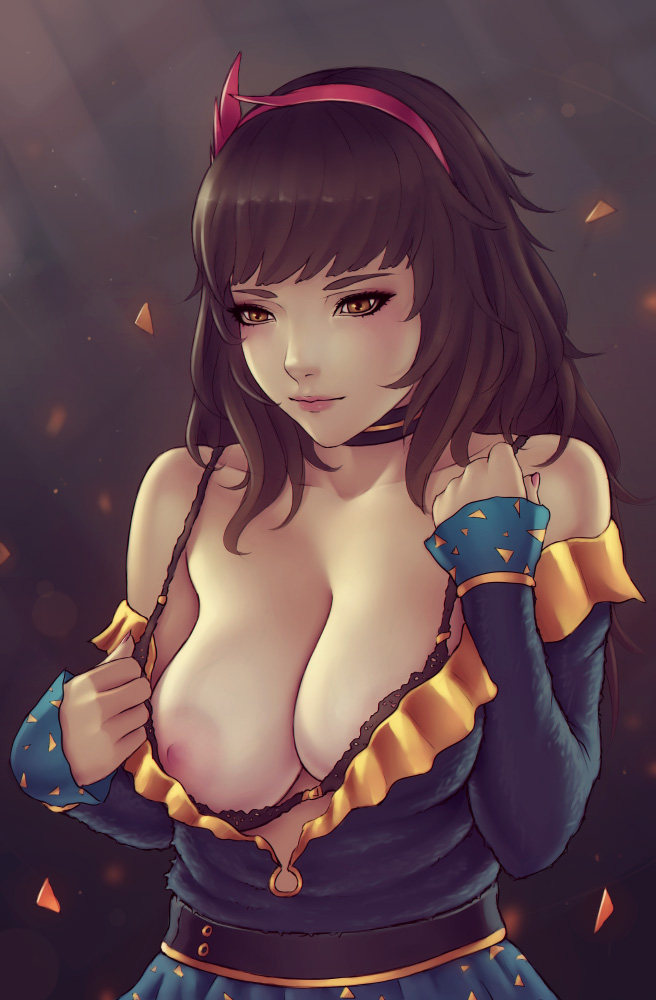 areolae, big breasts, black bra, bra, bra pull, breasts, brown hair, cleavage, clothing, dress, female, female only, hair, hairband, long hair, nipples, oc, one breast out, original, presenting, presenting breasts, solo, soranamae