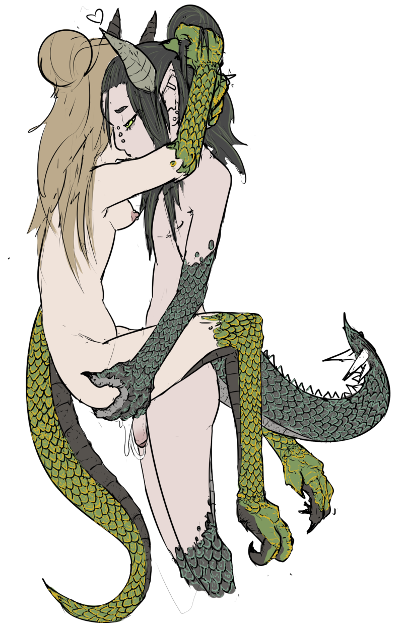 1boy after_sex black_hair blonde_hair byzaryne_(meatshole) carrying_partner cuddling cum cum_in_pussy cum_inside dragon_boy dragon_girl female femboy femboy_on_female horns meatshole nipple_piercing pale_skin rozelyn_(meatshole) scales self_upload tail wholesome