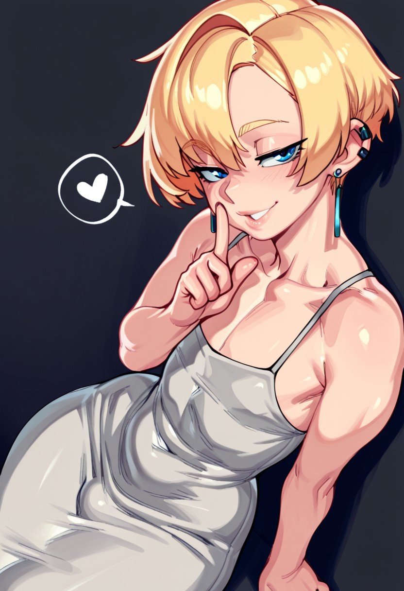 2d, ai generated, blonde hair, blue eyes, bulge, bulge through clothing, curvy figure, dongtan dress, earrings, femboy, femenine male, gravure soraka, male, male only, oc, original, original character, piercing, seductive look, seductive smile, short hair, spaghetti strap, tagme, trap