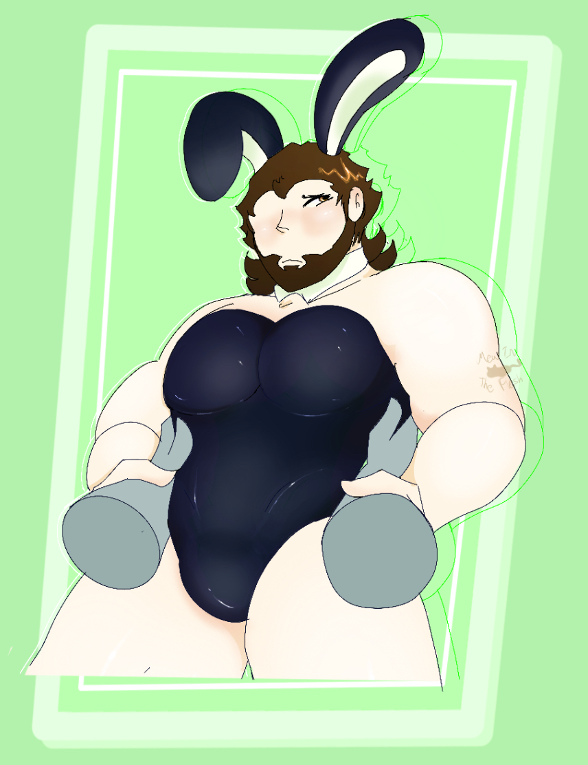 brown_beard brown_hair bulge bunny_costume bunny_ears bunny_ears_headband bunny_suit bunnysuit flustered flustered_male green_background hands_on_hips hazel_eyes mandjtv mandjtvredacted playboy_bunny_costume rpf slight_blush team_sky